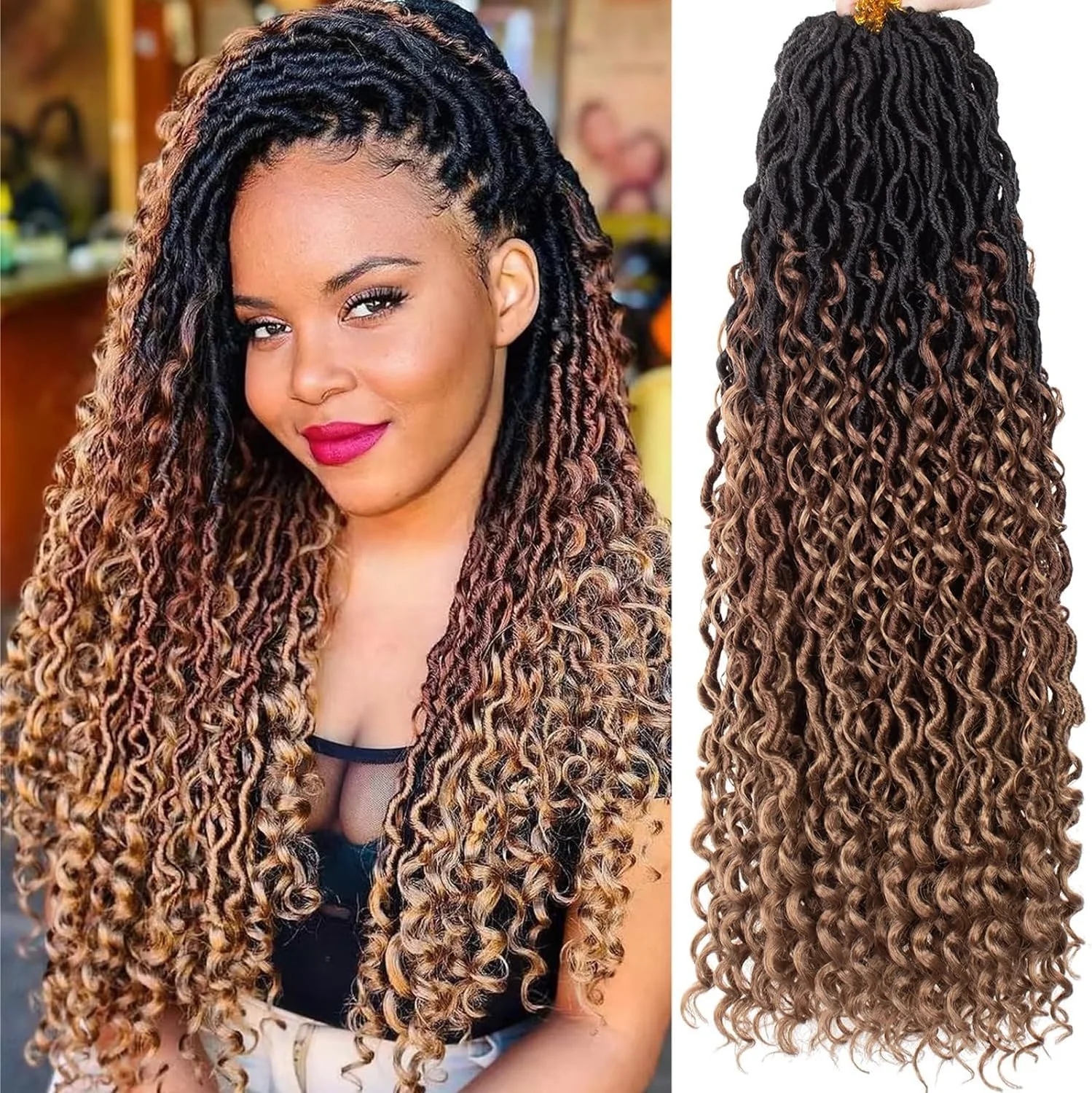 اکستنشن مو بافت مدل River Faux Locs، سه رنگ، 24 اینچ، 8 بسته، با موی فر در وسط و انتها، بافت کروشه از قبل حلقه شده، مدل بهم ریخته Bohemian Fuax Locs (12 رشته در هر بسته، رنگ 1B3027#)