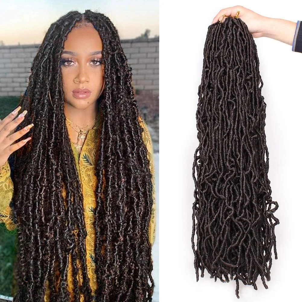 اکستنشن مو بافت مدل Nu Faux Locs Xtrend، 7 بسته 24 اینچی، قهوه ای تیره بلند، از قبل حلقه شده، موهای بافت الهه مصنوعی، بافت موی Dreadlock موج دار طبیعی، شماره 4