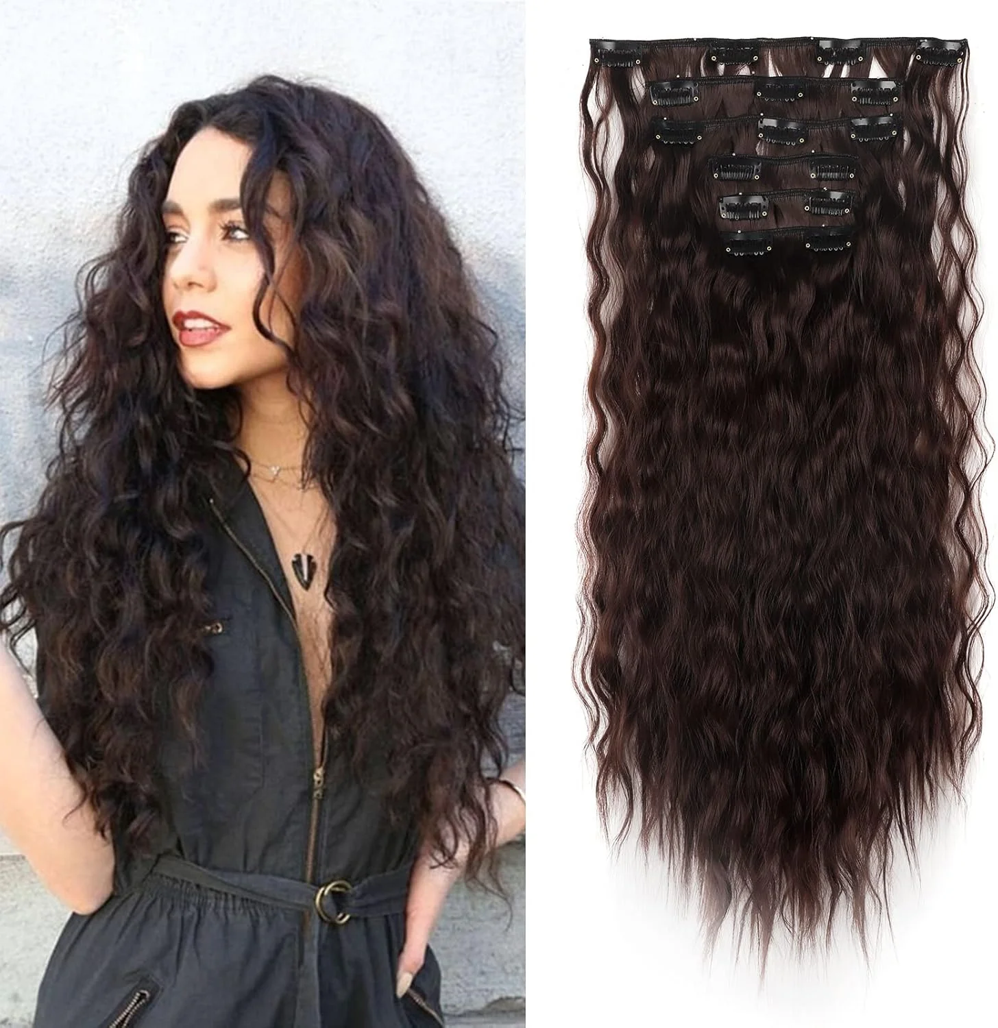 اکستنشن مو گیره ای بلند فرفری قهوه ای، اکستنشن مو گیره ای موج دار 6 تکه 20 اینچی، موهای مصنوعی کامل سر برای زنان، قهوه ای متوسط