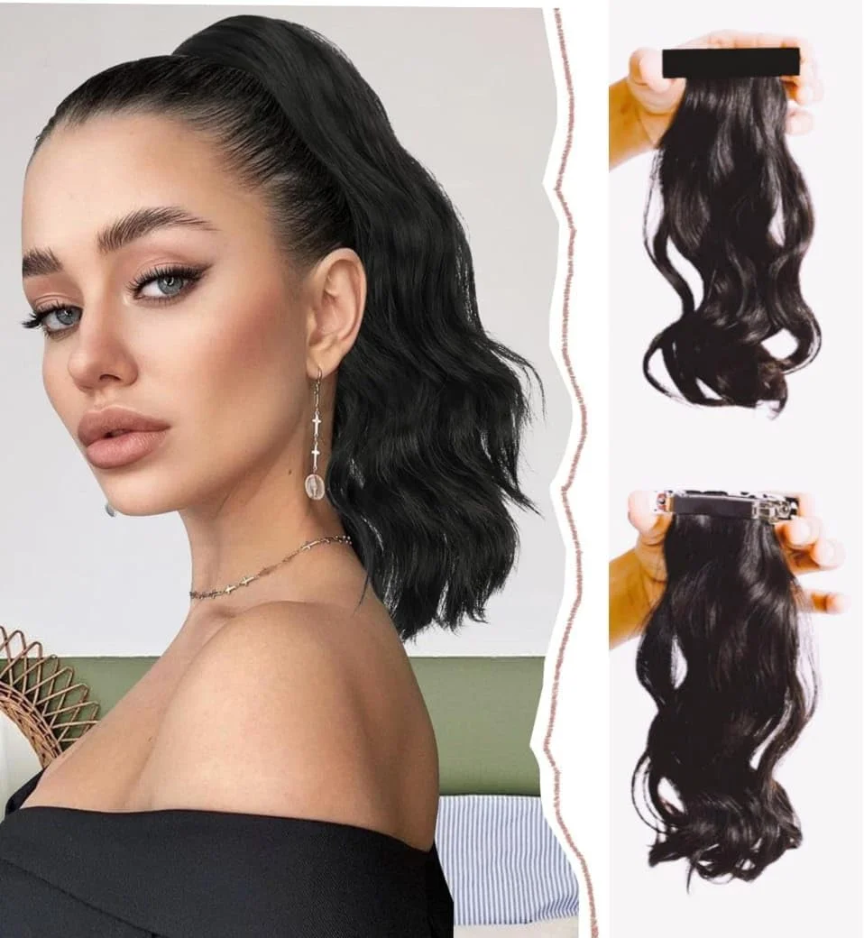 گیره مویی بارت DAZZ LOOK، اکستنشن موی دم اسبی فر و موج دار 38 سانتی متری، موی بسیار نرم، روکش مات، رنگ مشکی گیره مویی بارت DAZZ LOOK، اکستنشن موی دم اسبی فر و موج دار 38 سانتی متری، موی بسیار نرم، روکش مات، رنگ مشکی