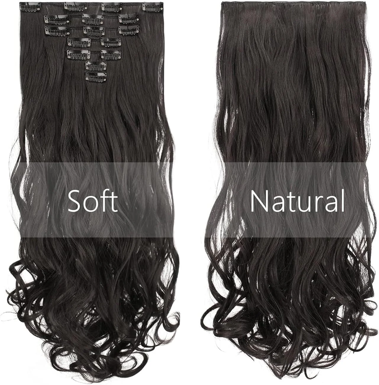 اکستنشن مو کلیپسی مشکی زنانه، موهای ضخیم با بافت دوبل، نرم و موج دار و ترکیب شونده، تکه های بلند مو (60 سانتی متر، 7 تکه، مشکی طبیعی) (مشکی موج دار)