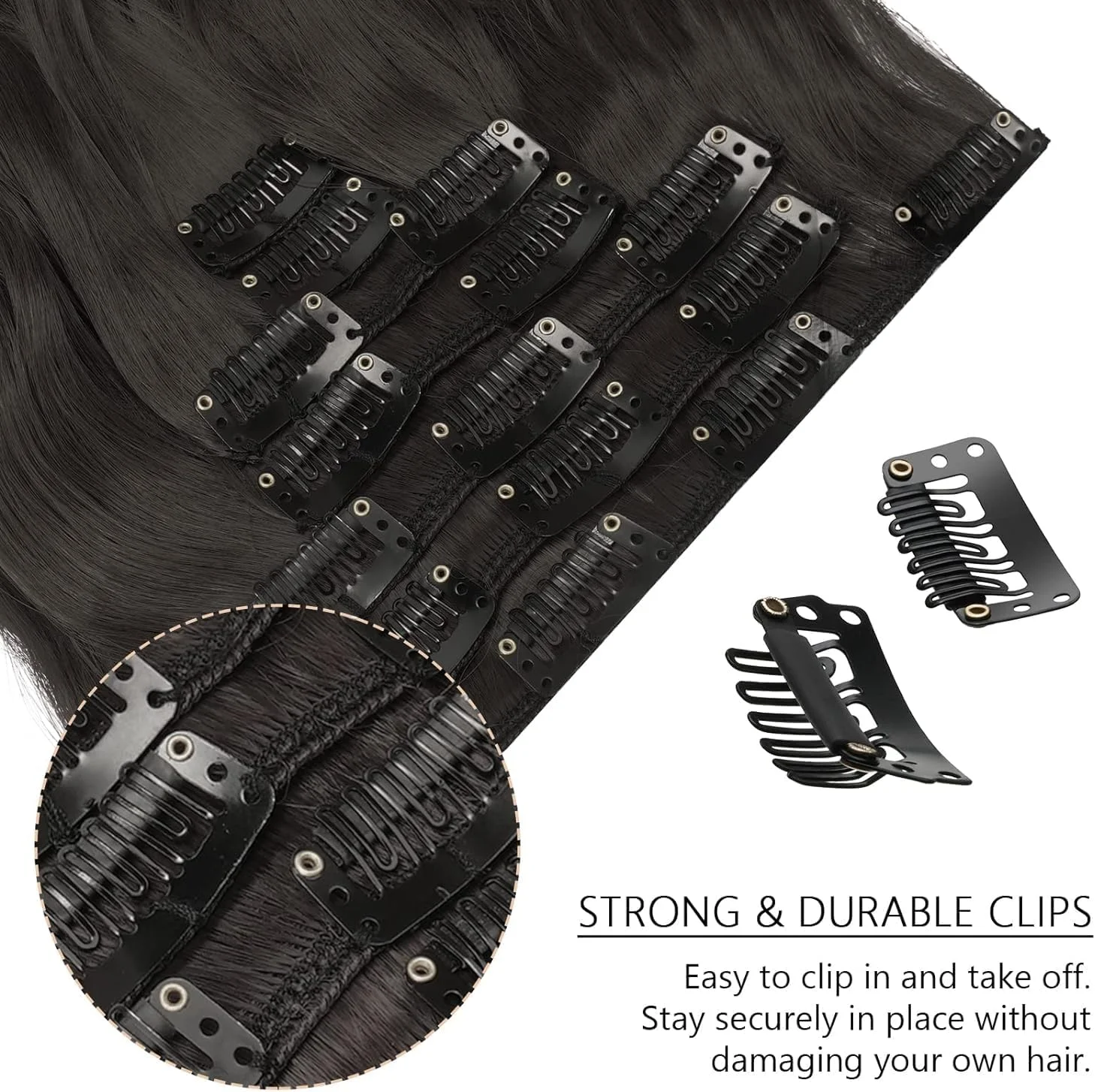 اکستنشن مو کلیپسی مشکی زنانه، موهای ضخیم با بافت دوبل، نرم و موج دار و ترکیب شونده، تکه های بلند مو (60 سانتی متر، 7 تکه، مشکی طبیعی) (مشکی موج دار)