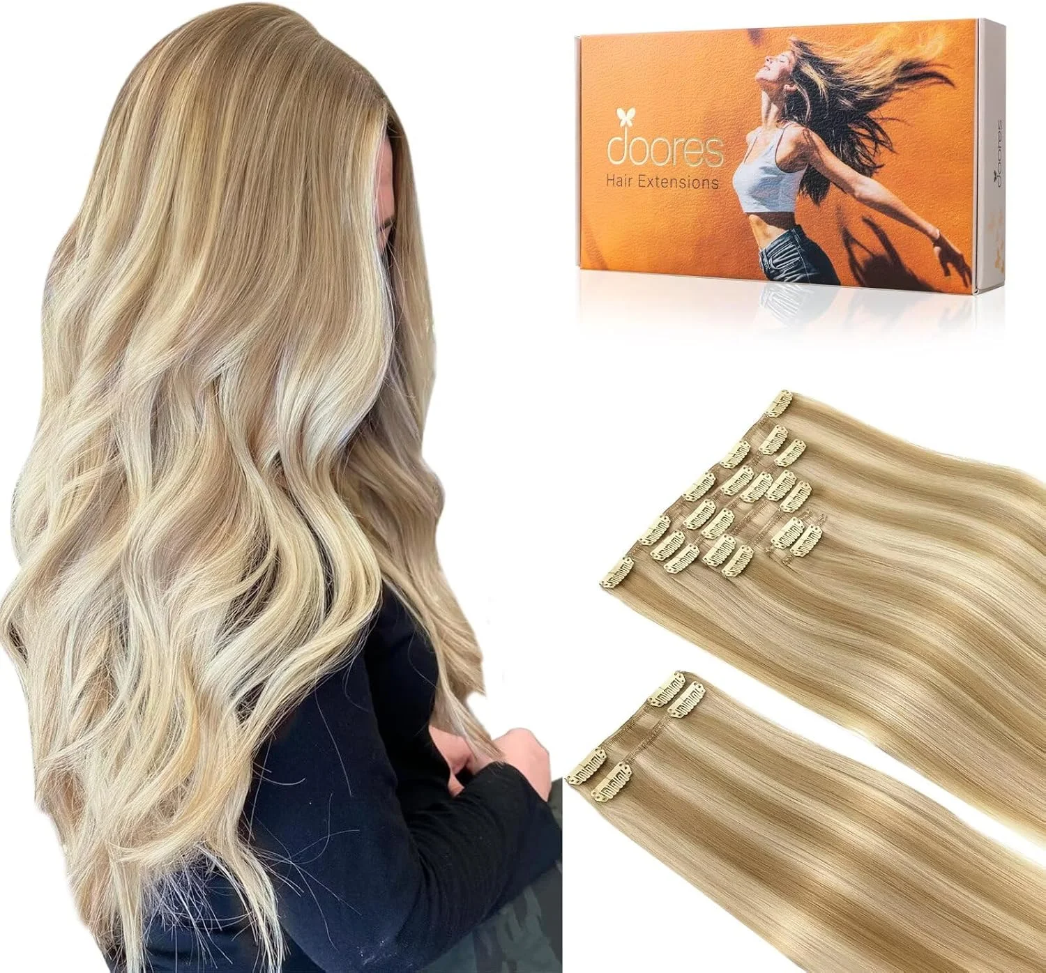 اکستنشن مو گیره ای موی طبیعی، آمبره بلوند تیره هایلایت شده بلوند روشن 150 گرم 9 تکه 35 سانتی متر، اکستنشن موی طبیعی گیره ای موی طبیعی واقعی