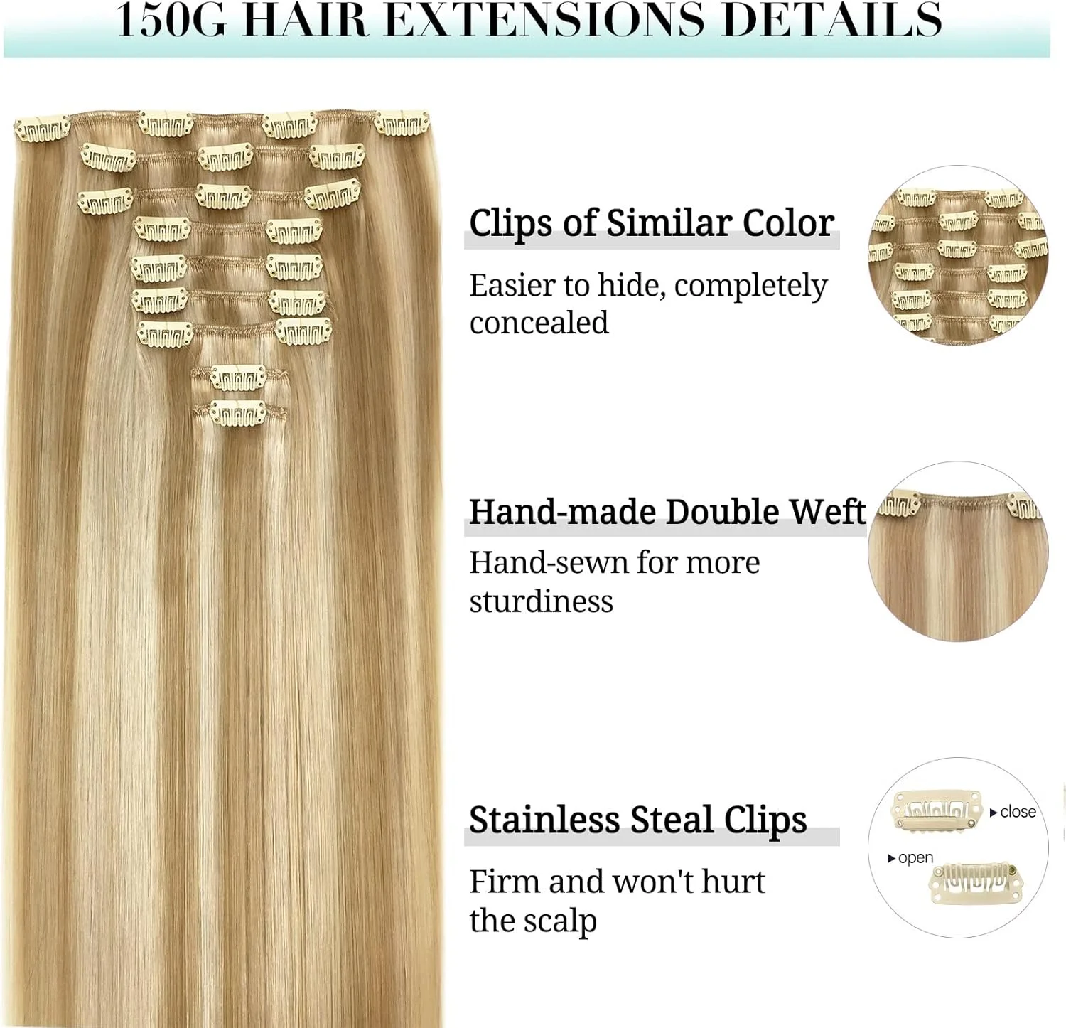 اکستنشن مو گیره ای موی طبیعی، آمبره بلوند تیره هایلایت شده بلوند روشن 150 گرم 9 تکه 35 سانتی متر، اکستنشن موی طبیعی گیره ای موی طبیعی واقعی