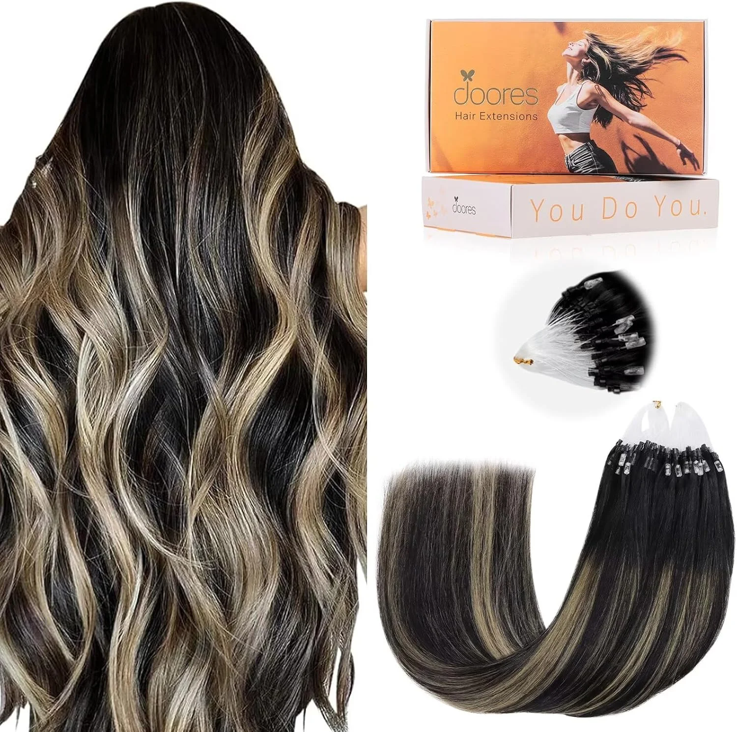 اکستنشن موی میکرو مهره ای دورس، مشکی طبیعی به بلوند روشن 35 سانتی متر 50 گرم/50 عدد، اکستنشن مو، اکستنشن موی بلند صاف