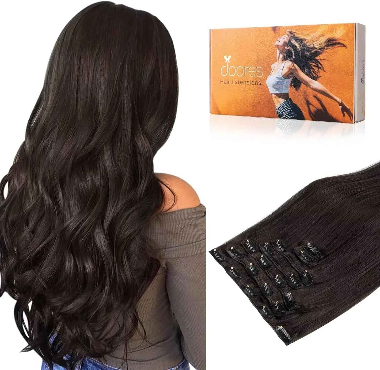 اکستنشن موی کلیپسی DOORES قهوه ای تیره 60 سانتی متر 120 گرم 7 تکه اکستنشن موی طبیعی رِمی