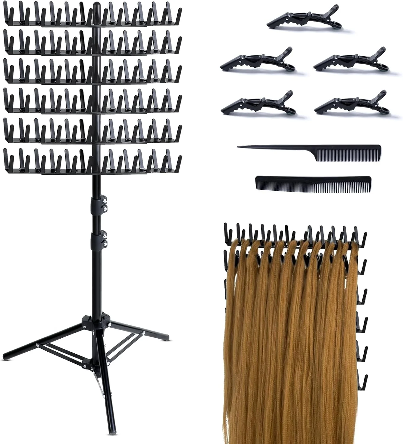 پایه نگهدارنده مو اکستنشن ایستاده ایستدون، دارای 144 میله جداکننده برای نمایش و جداسازی مو (مشکی)