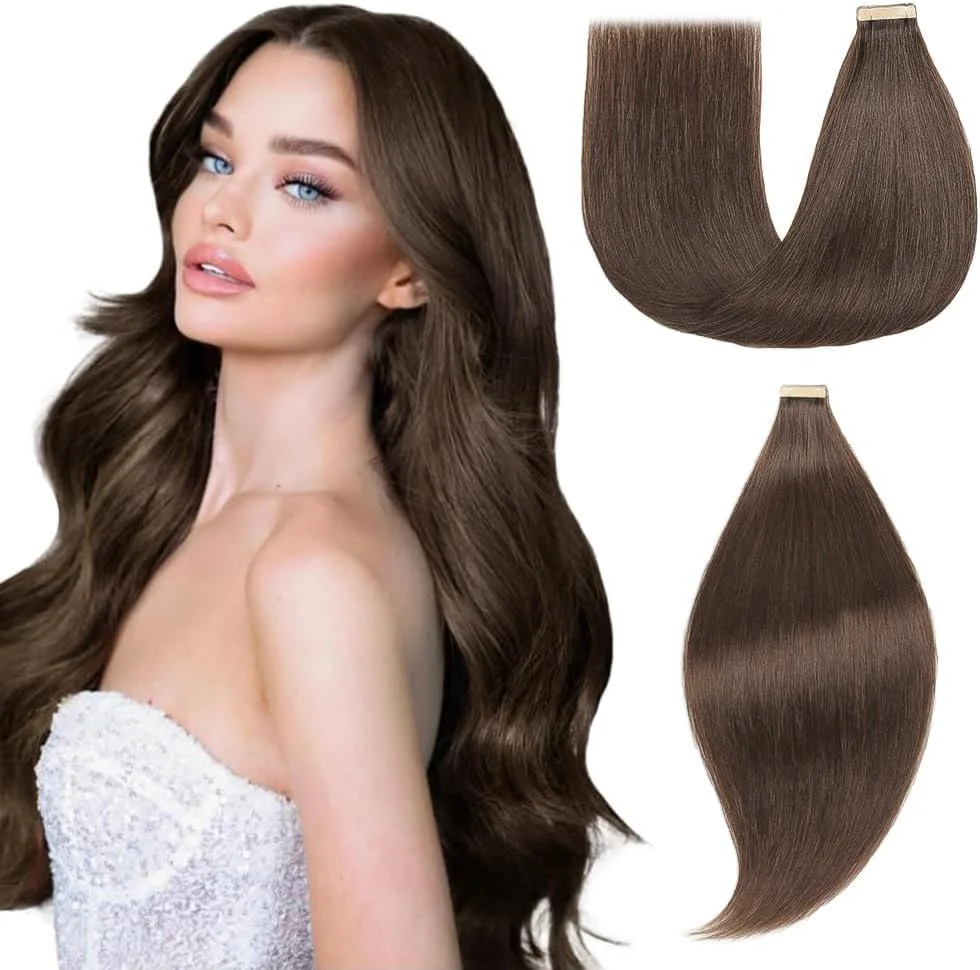 اکستنشن مو چسبی EINbeauty، موی طبیعی، 20 تکه، 35 سانتی متر، 40 گرم، قهوه ای تیره، اکستنشن موی طبیعی چسبی، اکستنشن موی نامرئی، اکستنشن موی صاف برای زنان (35 سانتی متر)