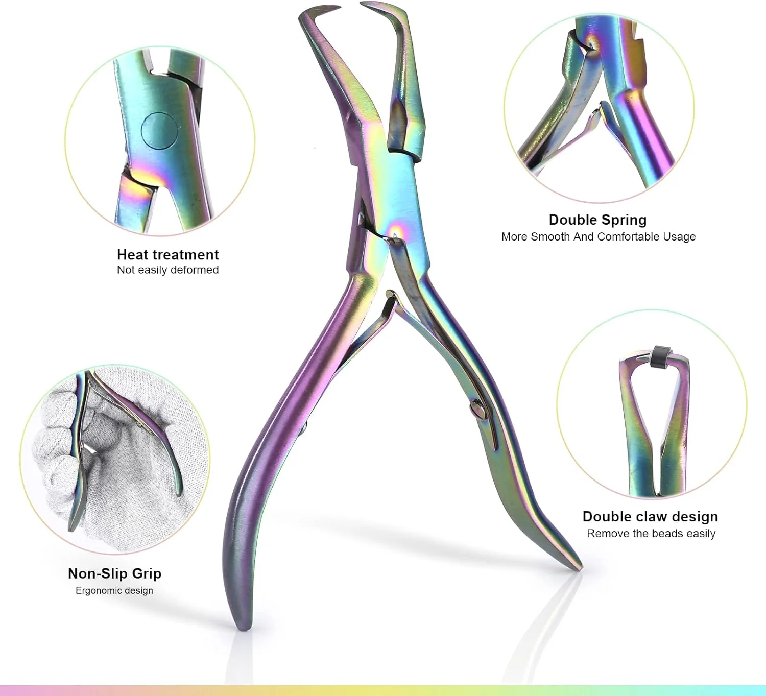 مجموعه ابزار نصب اکستنشن مو EHDIS شامل انبر اتصال و جدا کننده مهره های میکرولینک مو از جنس استیل ضد زنگ، قلاب کشیدن مو و ابزار حلقه میکرورینگ