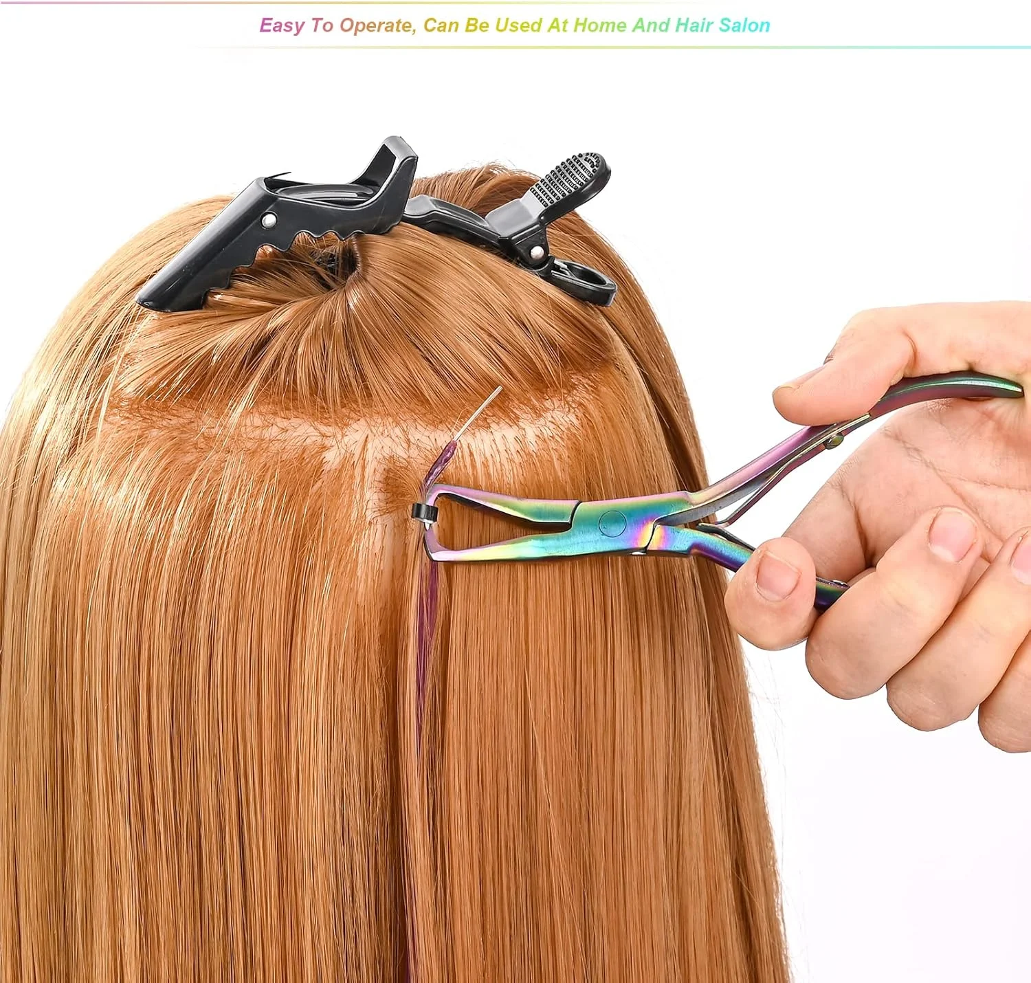 مجموعه ابزار نصب اکستنشن مو EHDIS شامل انبر اتصال و جدا کننده مهره های میکرولینک مو از جنس استیل ضد زنگ، قلاب کشیدن مو و ابزار حلقه میکرورینگ