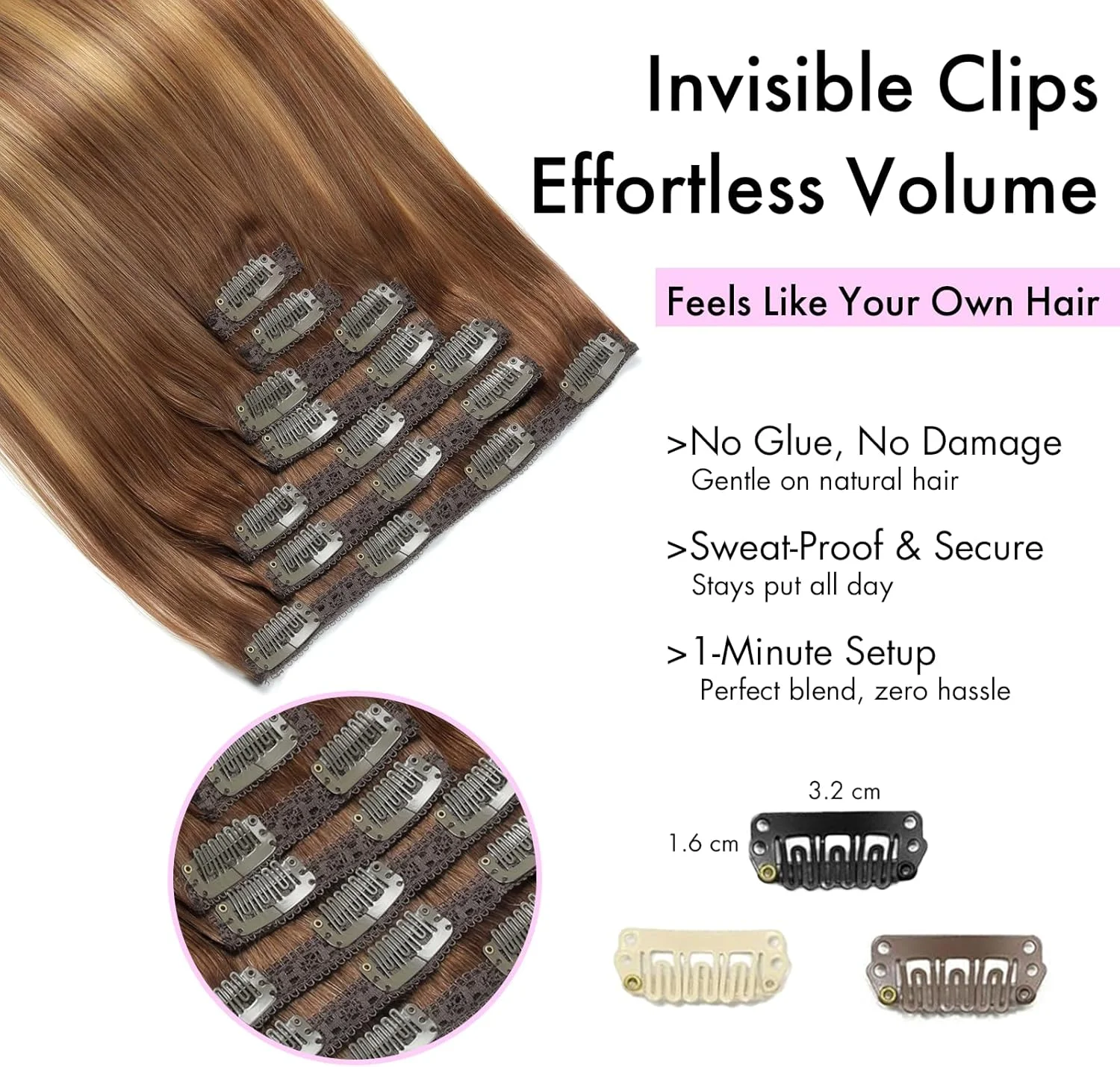 اکستنشن مو گیره ای طبیعی، 7 تکه، 120 گرم، 40 سانتی متر، اکستنشن موی طبیعی صاف و نامرئی (16 اینچ، 4/4/27#) اکستنشن مو گیره ای طبیعی، 7 تکه، 120 گرم، 40 سانتی متر، اکستنشن موی طبیعی صاف و نامرئی (16 اینچ، 4/4/27#)