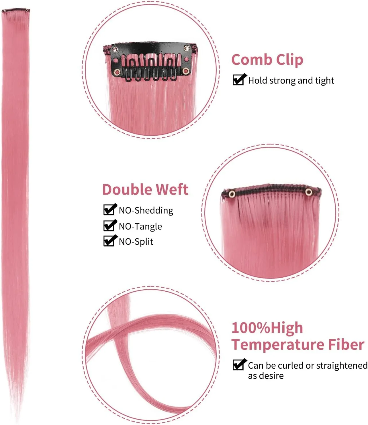 تکه موهای صورتی ELECDON، 10 عدد اکستنشن موی گیره ای صورتی، اکستنشن موی مصنوعی صاف، تکه موی هایلایت، کلیپس فشن برای مهمانی و Cosplay برای دختران و زنان (20 اینچ، صورتی)