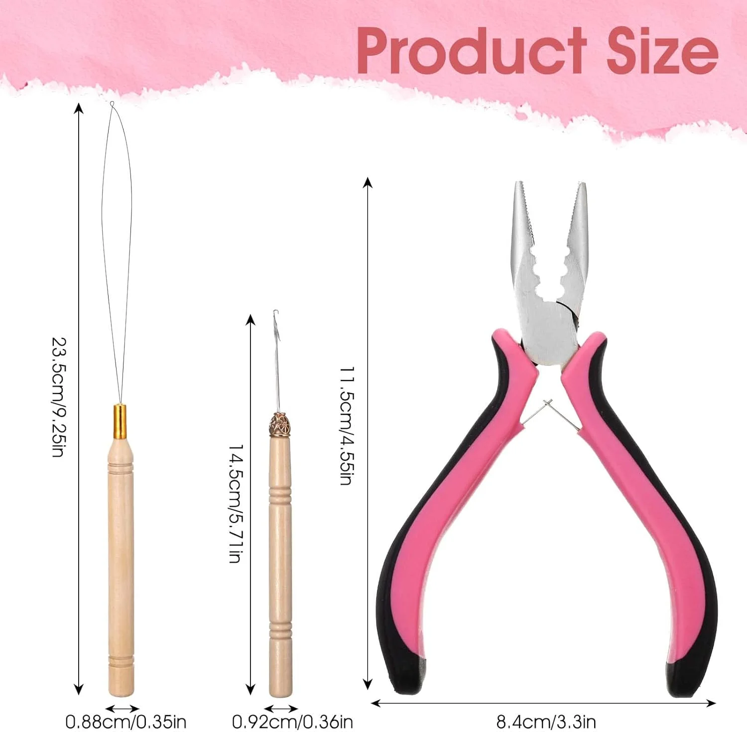 ست ابزار اکستنشن مو، 3 تکه شامل انبر، سوزن حلقه ای و قلاب کششی برای اکستنشن مو با حلقه های میکرو و نانو یا برداشتن آن ها