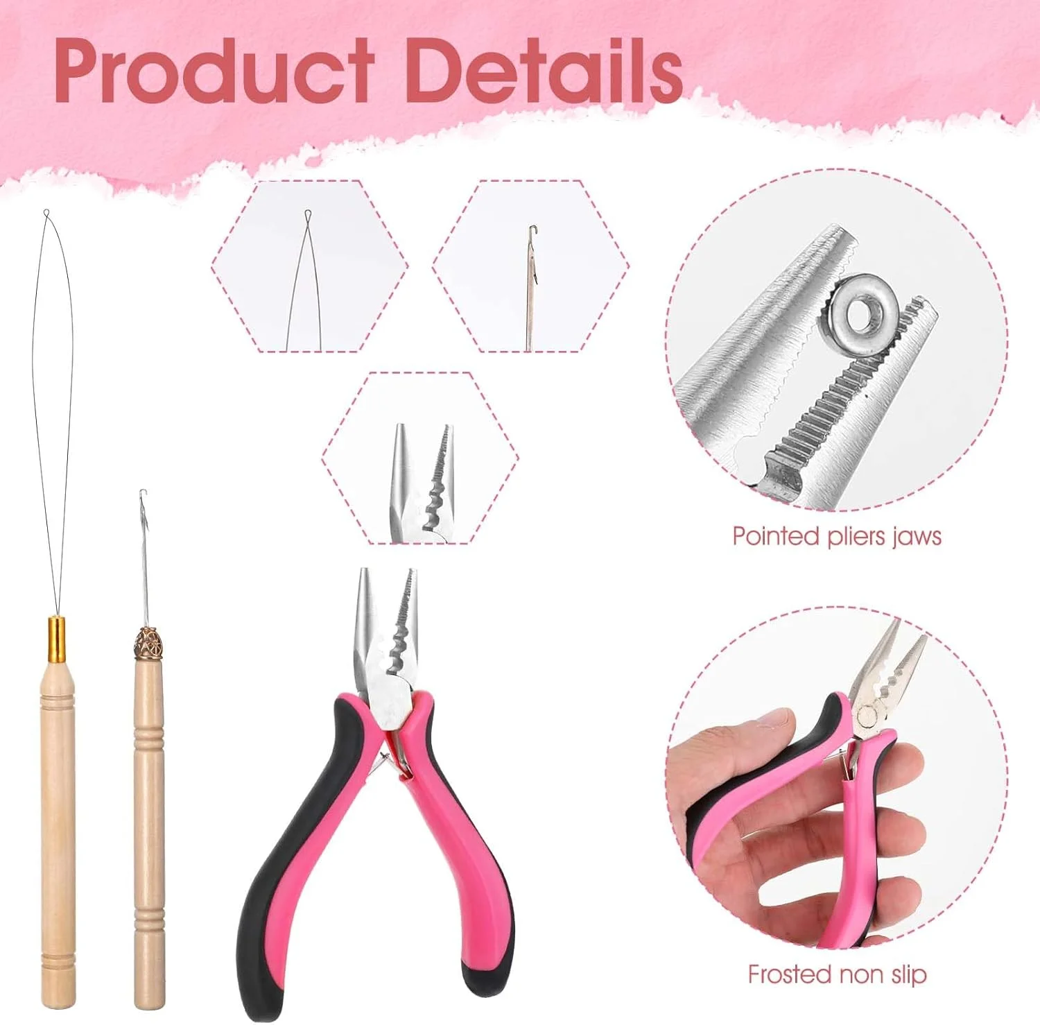 ست ابزار اکستنشن مو، 3 تکه شامل انبر، سوزن حلقه ای و قلاب کششی برای اکستنشن مو با حلقه های میکرو و نانو یا برداشتن آن ها