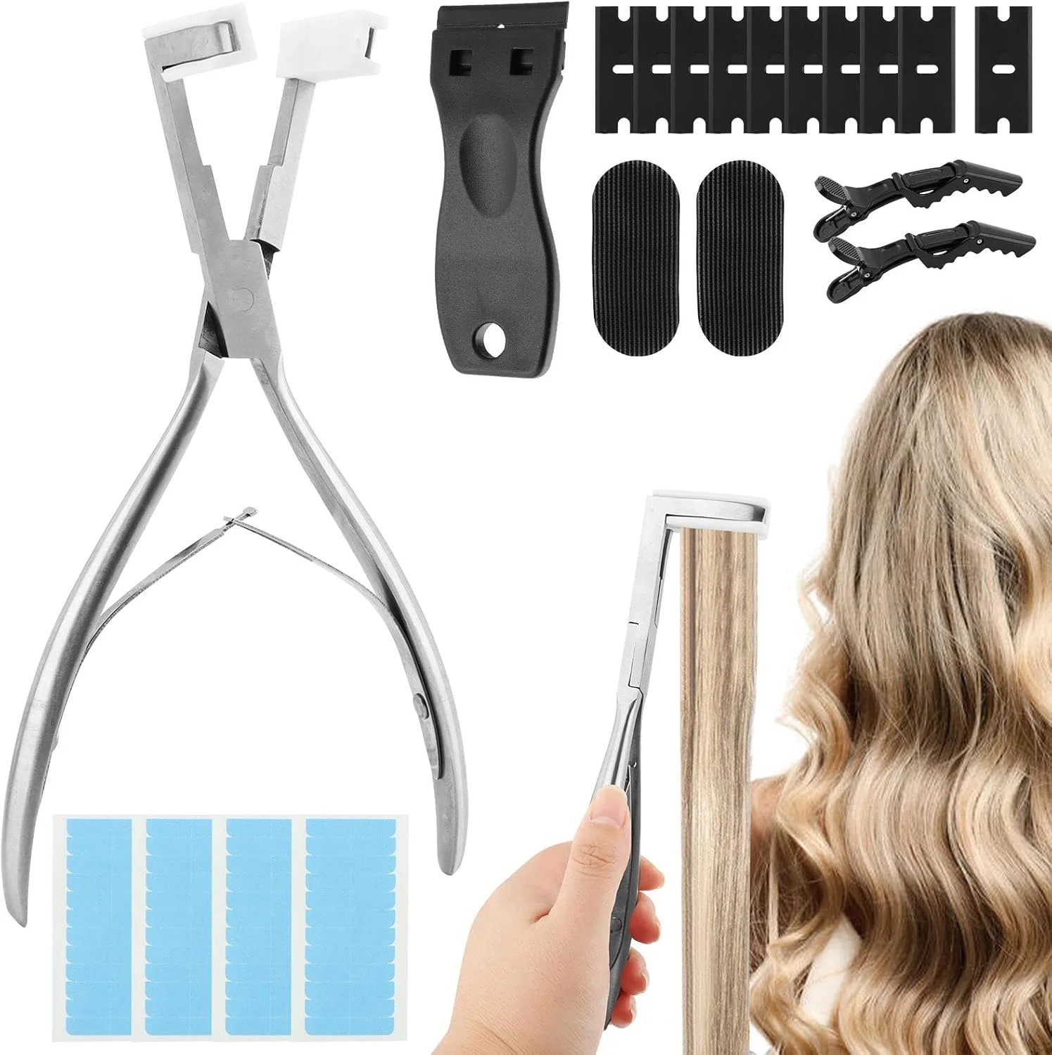 انبر اکستنشن چسبی، ابزار کیت اکستنشن چسبی، ابزار خراش دهنده حذف چسب، گیره مو با چسب اکستنشن مو، انبر اکستنشن مو با سطح صاف، ابزار حالت دهی اکستنشن مو (نقره ای)