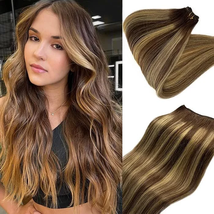 اکستنشن موی دوختنی موی طبیعی قهوه ای بالیاژ بافت دستی 18 اینچ 100 گرم هایلایت بافت دستی اکستنشن مو 4/27 قهوه ای تیره ترکیب هایلایت بلوند عسلی اکستنشن های دوختنی