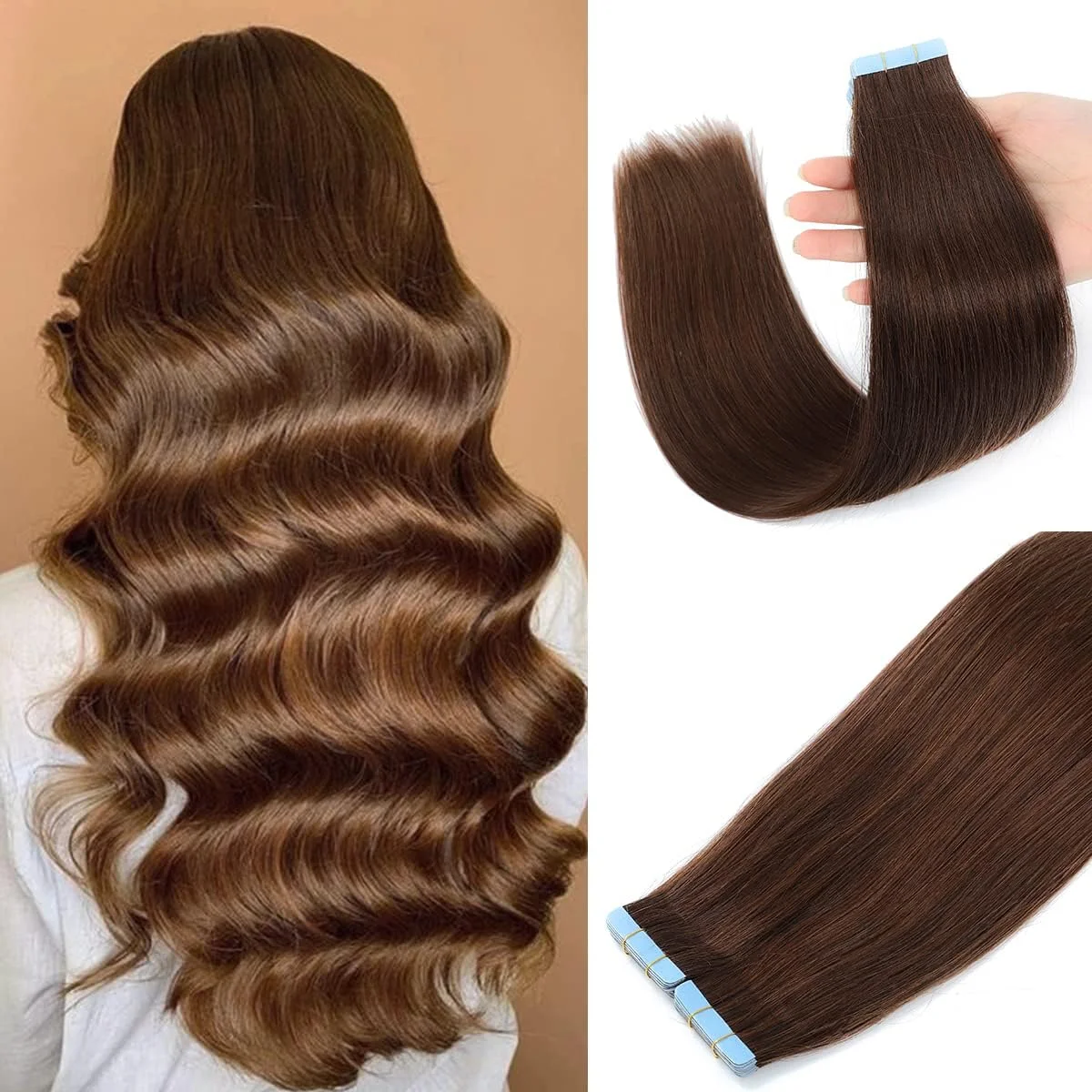 اکستنشن مو چسبی موی طبیعی انسان، 100% موی رِمی واقعی، 40 گرم 20 عدد/ست، موی بکر برزیلی صاف، اکستنشن های بدون درز و نامرئی (12 اینچ، #4 قهوه ای شکلاتی)