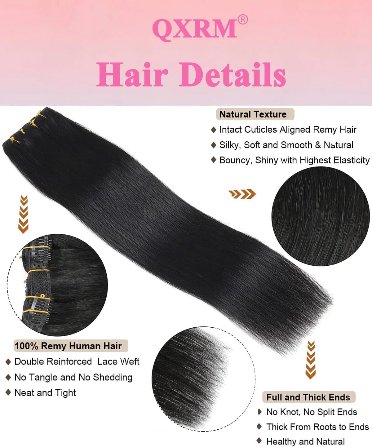 اکستنشن مو کلیپسی موی طبیعی انسان، صاف، رِمی، 8 تکه، 100 گرم، بافت دوبل، مشکی طبیعی، 45 سانتی متر