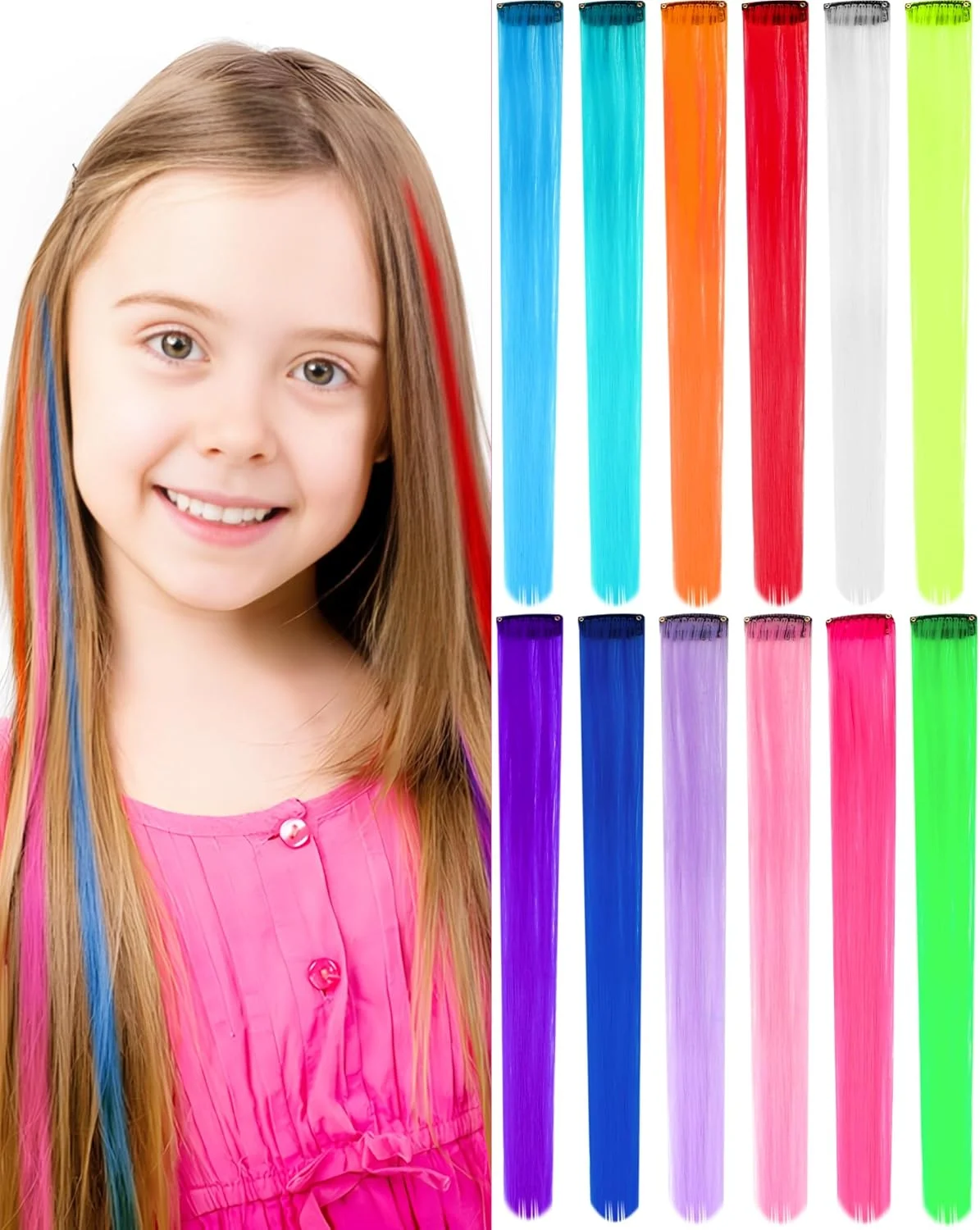 اکستنشن موی رنگی گیره ای 55 سانتی متری، بسته 12 عددی هایلایت های چند رنگ مهمانی، لوازم جانبی موی مصنوعی گیره ای برای تکه موی زنانه