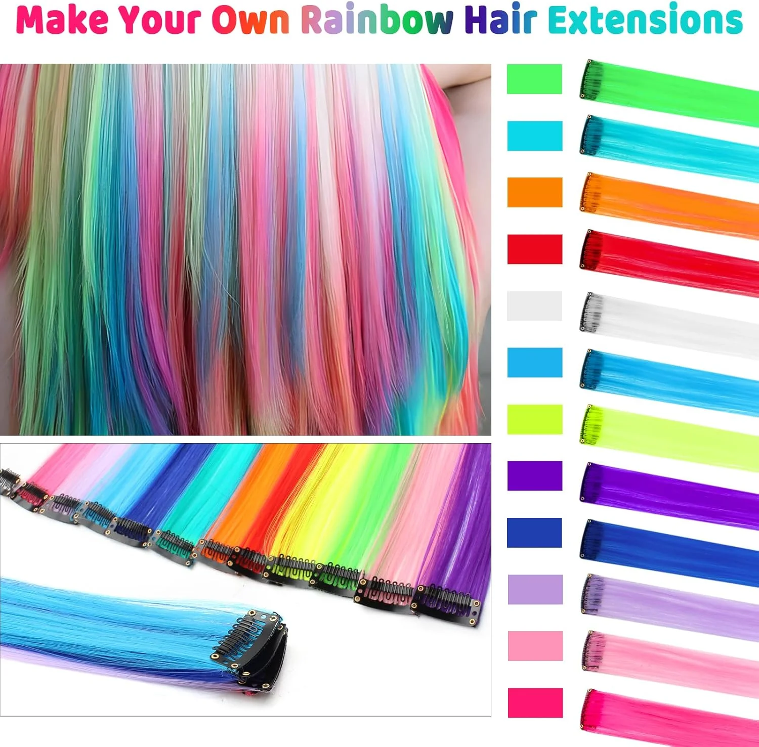 اکستنشن موی رنگی گیره ای 55 سانتی متری، بسته 12 عددی هایلایت های چند رنگ مهمانی، لوازم جانبی موی مصنوعی گیره ای برای تکه موی زنانه