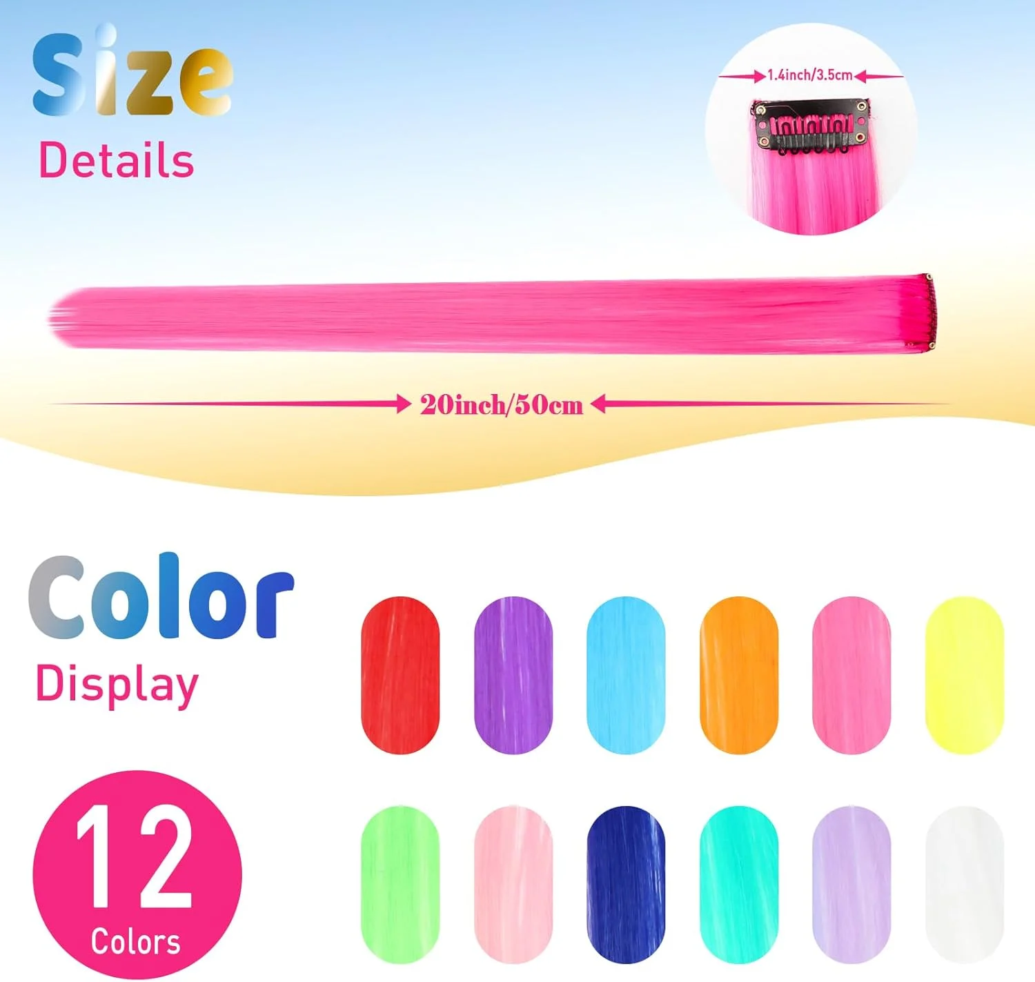اکستنشن موی رنگی گیره ای 55 سانتی متری، بسته 12 عددی هایلایت های چند رنگ مهمانی، لوازم جانبی موی مصنوعی گیره ای برای تکه موی زنانه