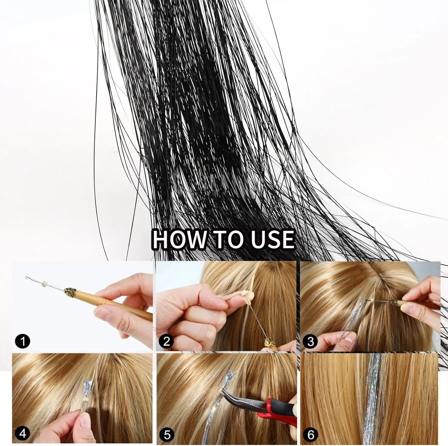 اکستنشن موی براق 200 رشته ای به همراه ابزار، کیت اکستنشن موی براق و درخشان مقاوم در برابر حرارت برای زنان و دختران، 48 اینچ (200 رشته مشکی)