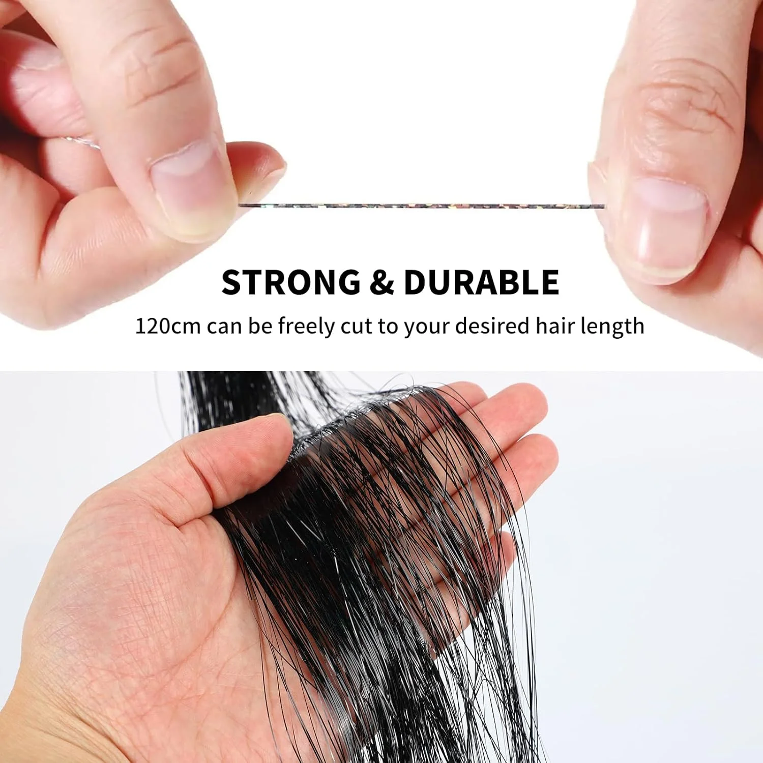 اکستنشن موی براق 200 رشته ای به همراه ابزار، کیت اکستنشن موی براق و درخشان مقاوم در برابر حرارت برای زنان و دختران، 48 اینچ (200 رشته مشکی)