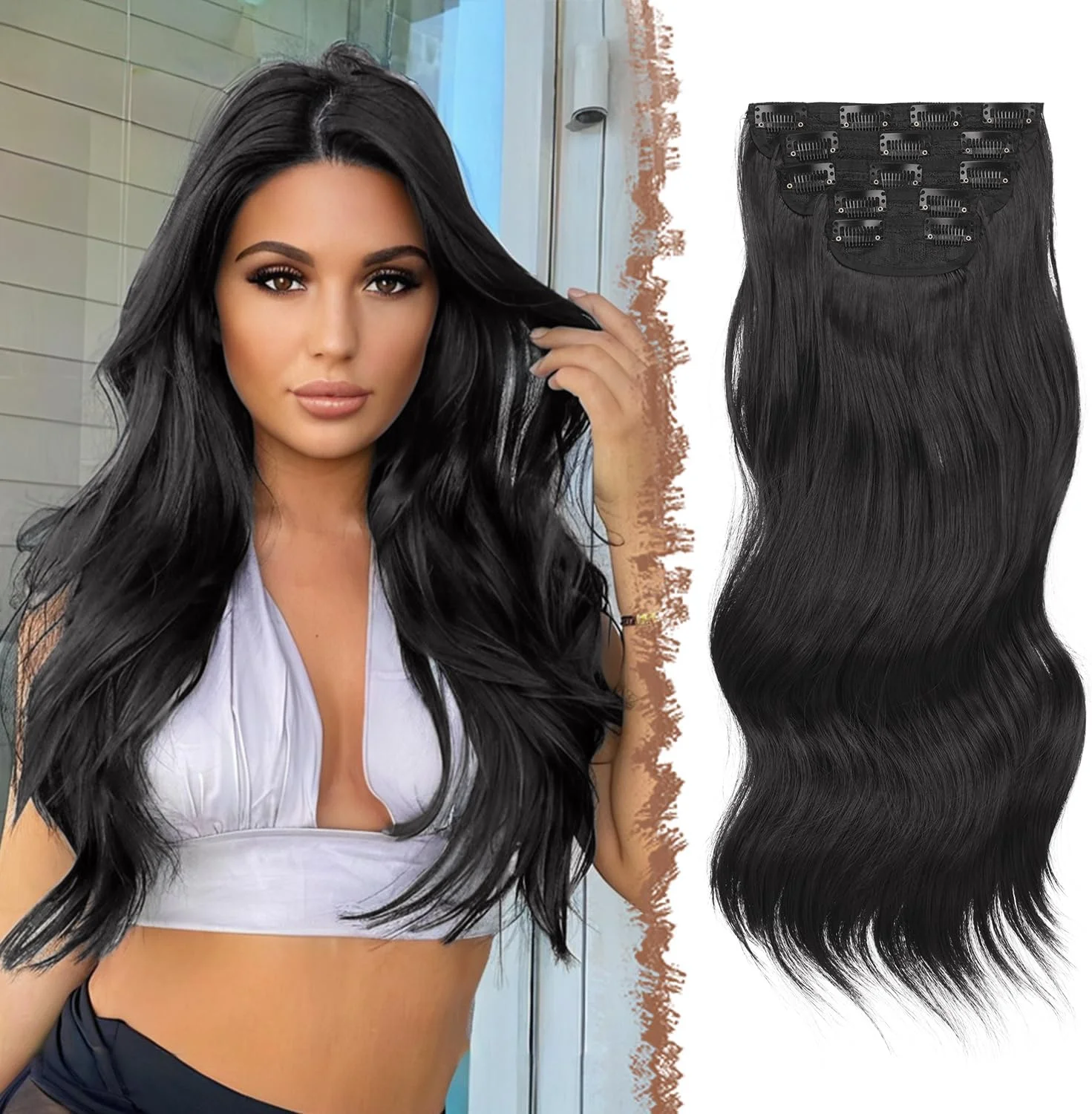 اکستنشن موی موج دار کلیپسی FESHFEN، 5 تکه، اکستنشن موی بلند موج دار با گیره، موی مصنوعی، اکستنشن موی مشکی برای زنان، 50 سانتی متر