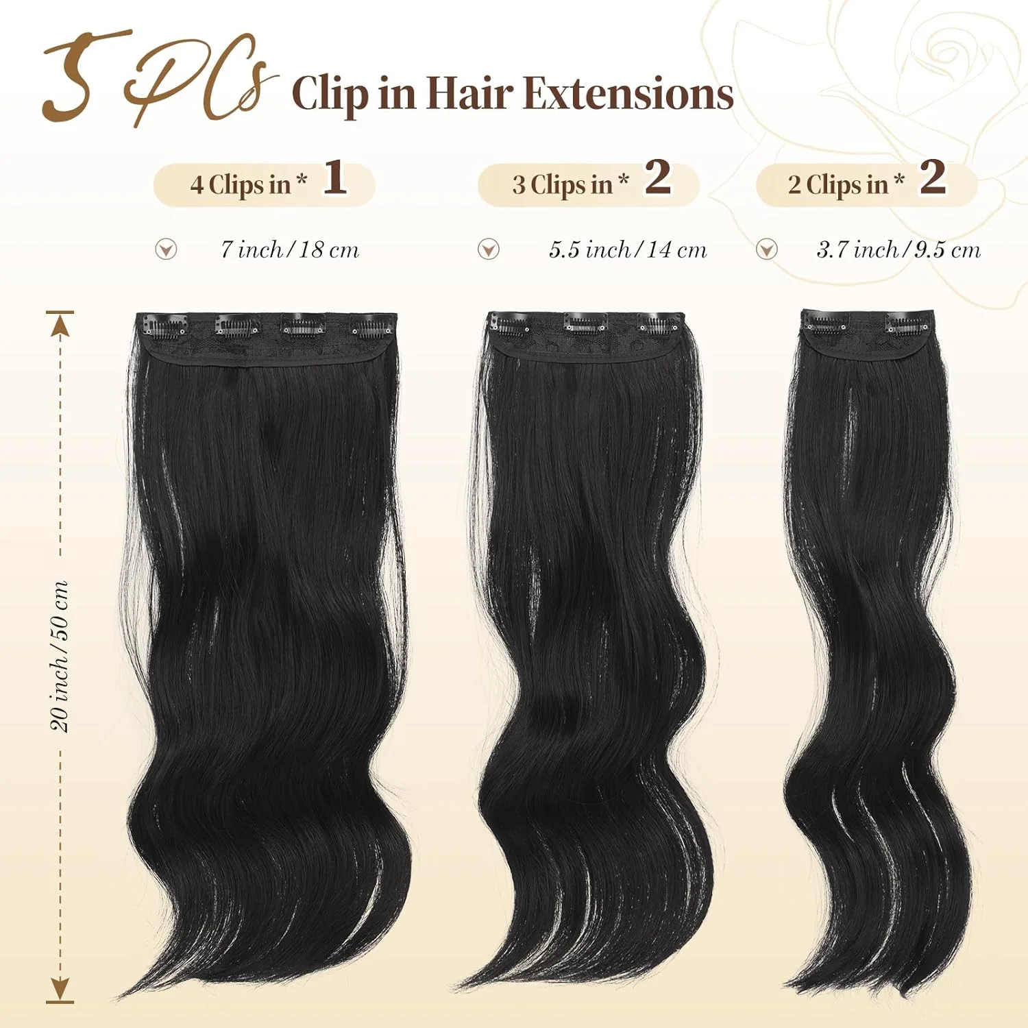 اکستنشن موی موج دار کلیپسی FESHFEN، 5 تکه، اکستنشن موی بلند موج دار با گیره، موی مصنوعی، اکستنشن موی مشکی برای زنان، 50 سانتی متر