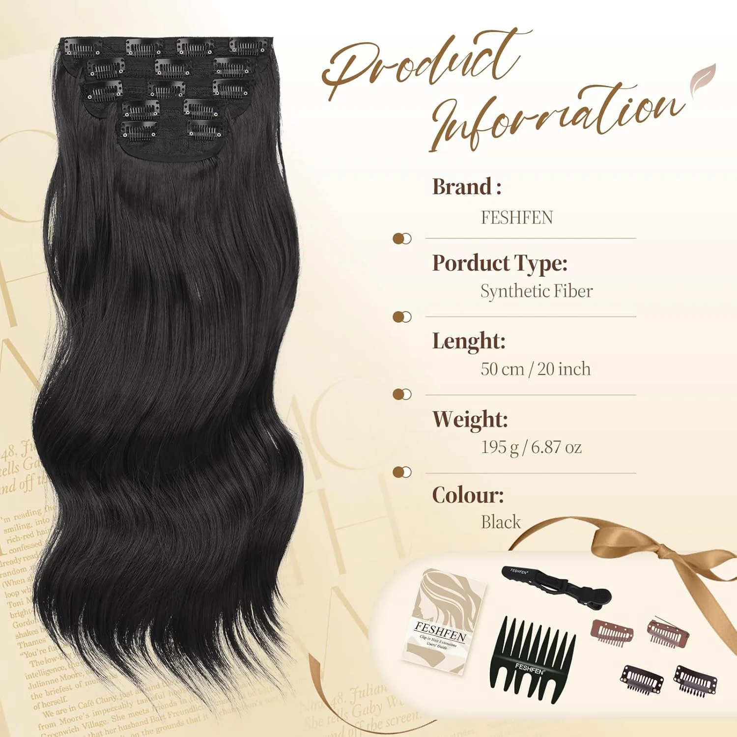 اکستنشن موی موج دار کلیپسی FESHFEN، 5 تکه، اکستنشن موی بلند موج دار با گیره، موی مصنوعی، اکستنشن موی مشکی برای زنان، 50 سانتی متر