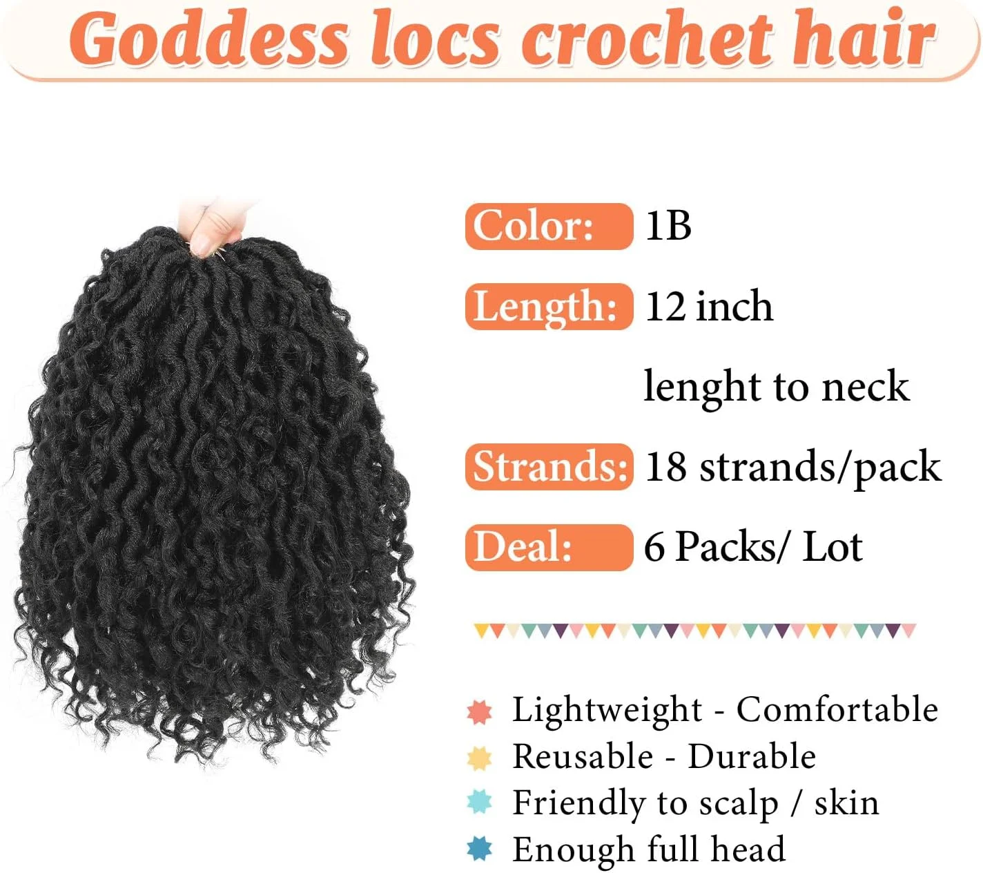 موهای بافتنی مدل Forevery Faux Locs، موهای بافتنی الهه ای 12 اینچی، 6 بسته موی بافتنی از قبل حلقه شده برای زنان سیاه پوست، موهای بافتنی River locs با انتهای فرفری 1B