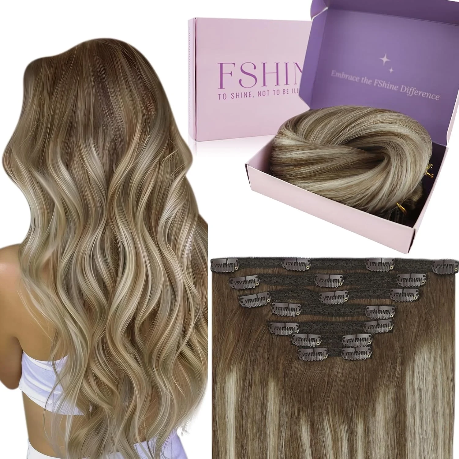 اکستنشن مو گیره ای آمبره Fshine، 24 اینچ، 120 گرم، قهوه ای شاه بلوطی به بلوند پلاتینی، اکستنشن موی بلند و صاف گیره ای، 7 تکه