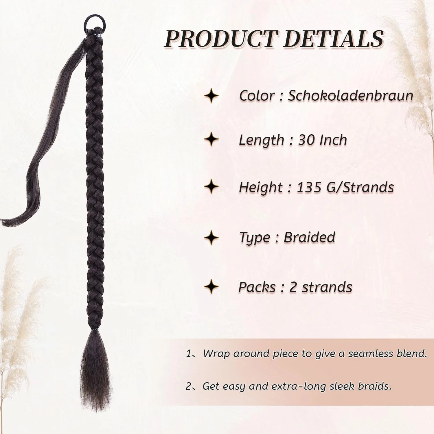 دو عدد اکستنشن موی بافت دم اسبی بلند با کش مو، اکستنشن موی دم اسبی صاف و دورپیچ برای زنان، موهای بافته شده دم اسبی، تکه موی مصنوعی نرم و طبیعی