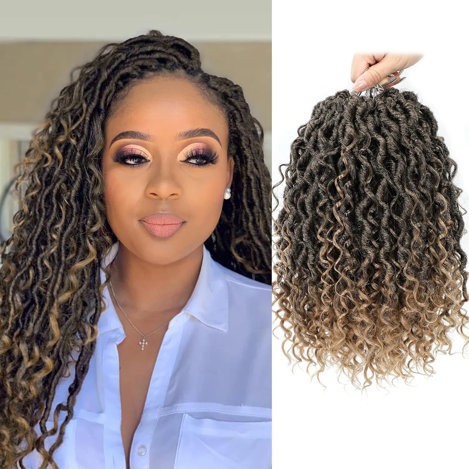 موهای بافت مدل Goddess Locs، 30 سانتیمتر، 8 بسته موی بافت جدید مدل Faux Locs برای بانوان، با انتهای فر (30 سانتیمتر (8 بسته)، T27#)
