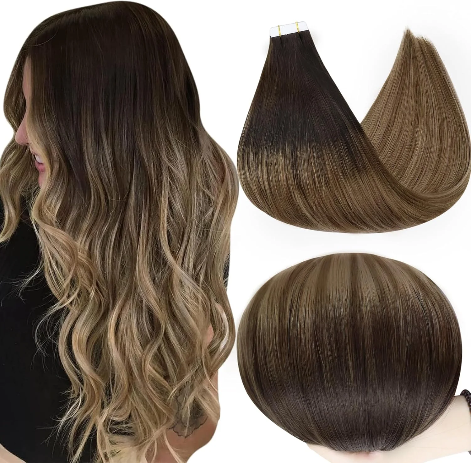 اکستنشن موی چسبی Full Shine با موی طبیعی، سایز 22 اینچ، رنگ قهوه ای تیره شماره 2 محو شونده به قهوه ای روشن شماره 6 هایلایت بلوند دودی شماره 18، موی طبیعی آمبره، 20 عدد، 50 گرم