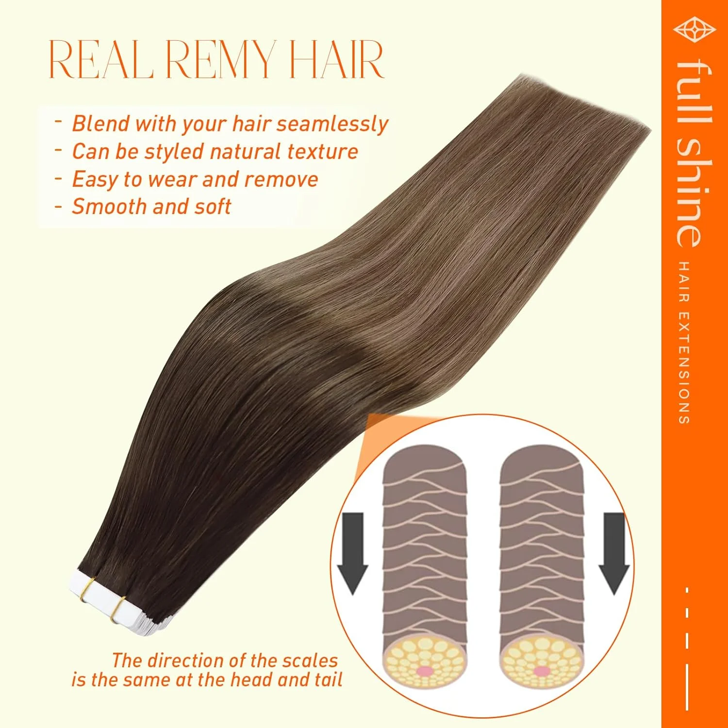 اکستنشن موی چسبی Full Shine با موی طبیعی، سایز 22 اینچ، رنگ قهوه ای تیره شماره 2 محو شونده به قهوه ای روشن شماره 6 هایلایت بلوند دودی شماره 18، موی طبیعی آمبره، 20 عدد، 50 گرم