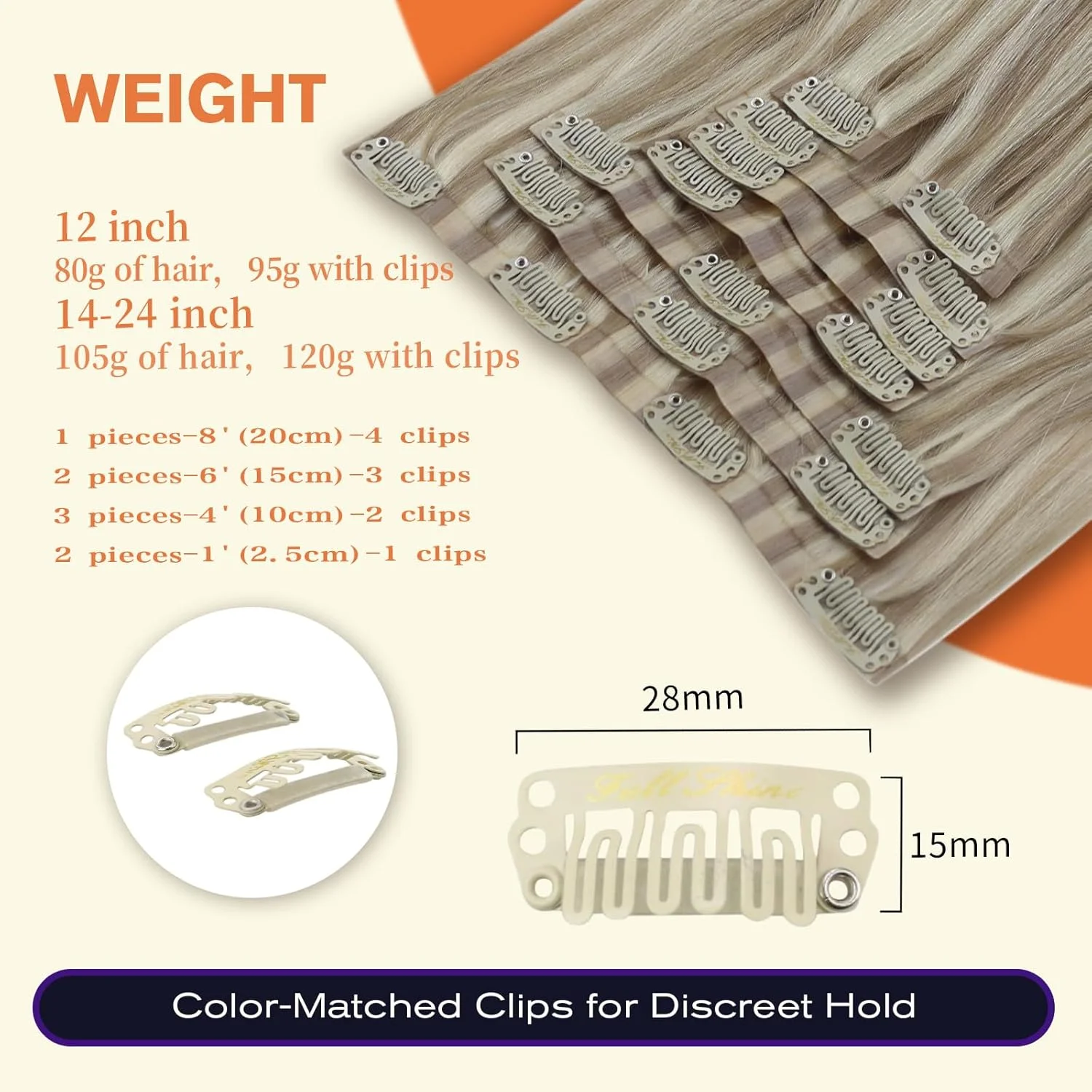 اکستنشن مو کلیپسی بلوند، هایلایت موی طبیعی، اکستنشن کلیپسی بلوند دودی ترکیب شده با بلوند روشن، 8 تکه 80 گرمی، اکستنشن موی طبیعی کلیپسی PU، اکستنشن موی رِمی بلوند صاف 30 سانتی متری