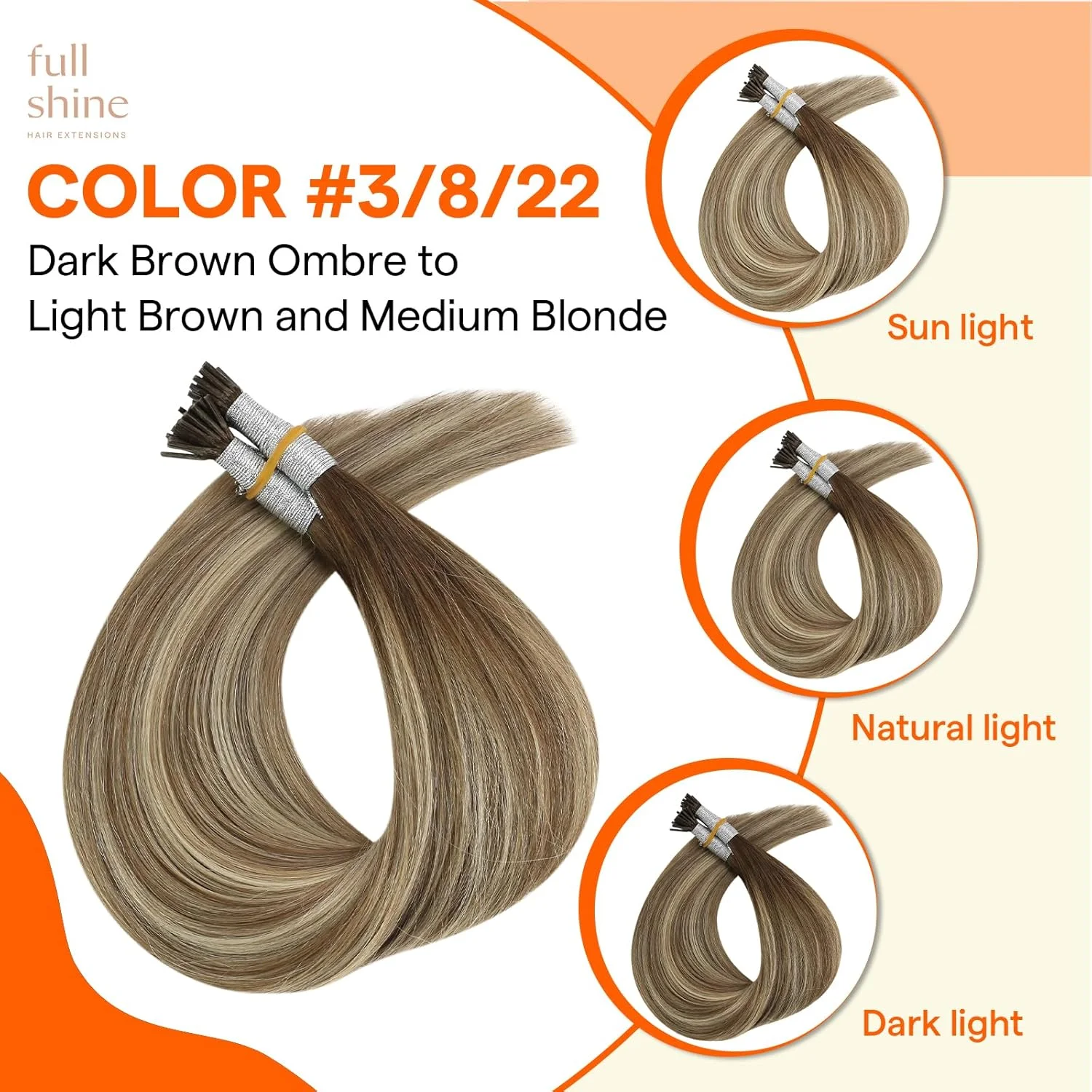 اکستنشن موی سر انسان Full Shine Itip، سایز ۱۸ اینچ، رنگ ۳ قهوه ای تیره محو شونده به ۸ قهوه ای خاکستری و ۲۲ بلوند روشن، صاف طبیعی، موی سر انسان واقعی برای زنان، ۴۰ گرم