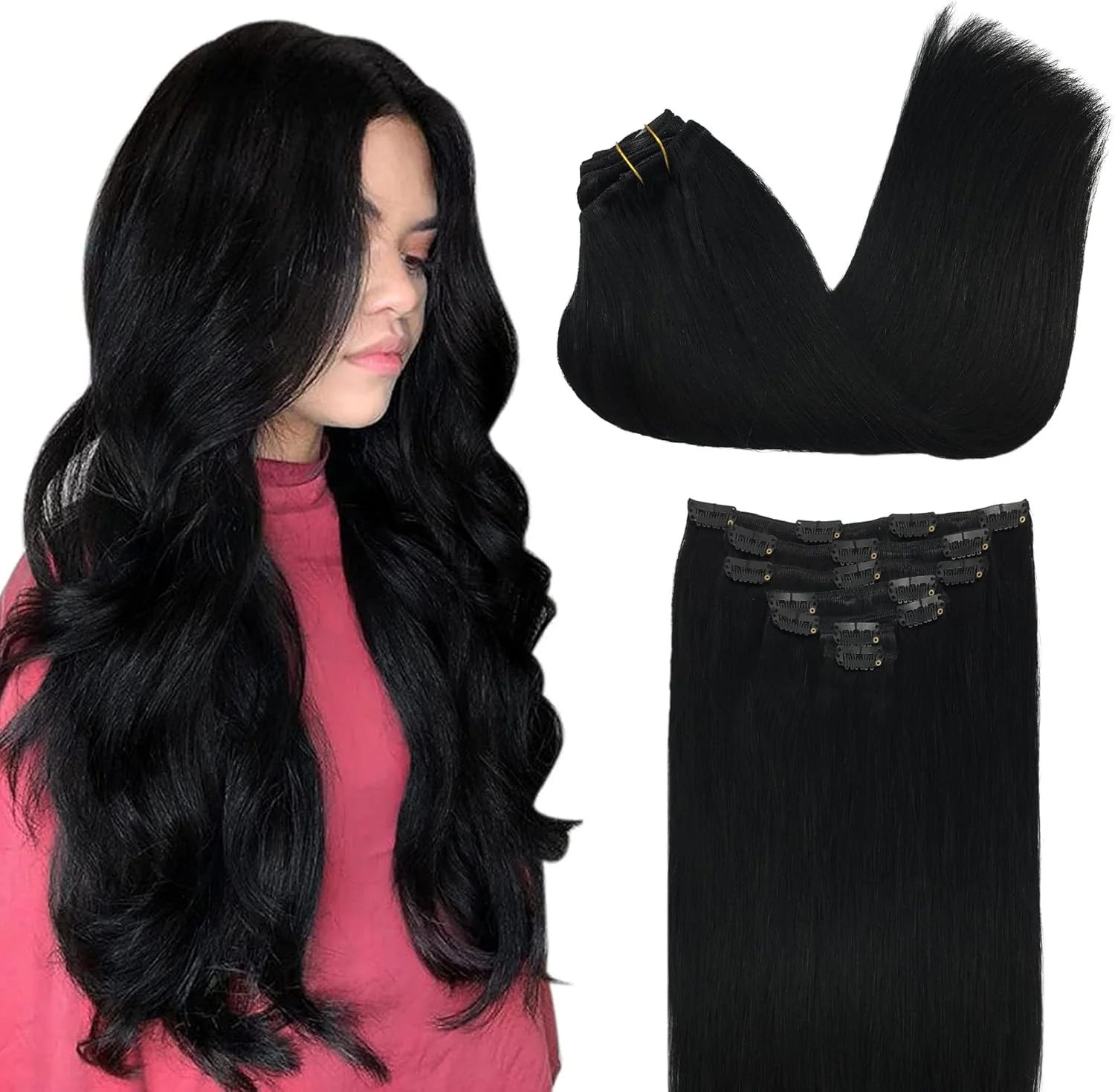 اکستنشن مو گیره ای GOO GOO موی طبیعی انسان، 40 سانتیمتر 120 گرم 7 تکه، مشکی پر کلاغی شماره 1، اکستنشن موی طبیعی ریمی با گیره برای زنان، موی طبیعی انسان
