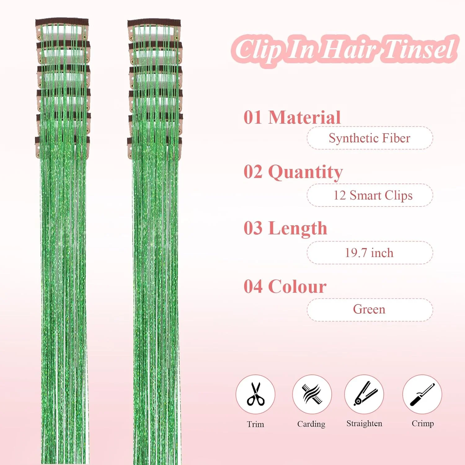 اکستنشن موی براق سبز 12 عددی گیره دار 50 سانتی متری لوازم جانبی موی براق گیره ای برای دختران اکلیل براق برای مهمانی (12 عدد، سبز#)