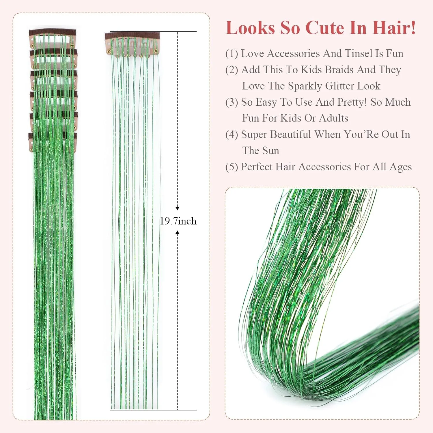اکستنشن موی براق سبز 12 عددی گیره دار 50 سانتی متری لوازم جانبی موی براق گیره ای برای دختران اکلیل براق برای مهمانی (12 عدد، سبز#)