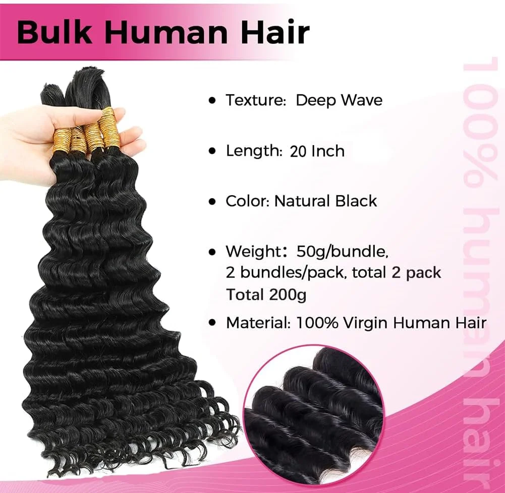 اکستنشن موی طبیعی با بافت عمیق برای بافت مو، بافت میکرو، بدون نیاز به چسب، 20 اینچ، مشکی طبیعی، 200 گرم (50 گرم x 4)