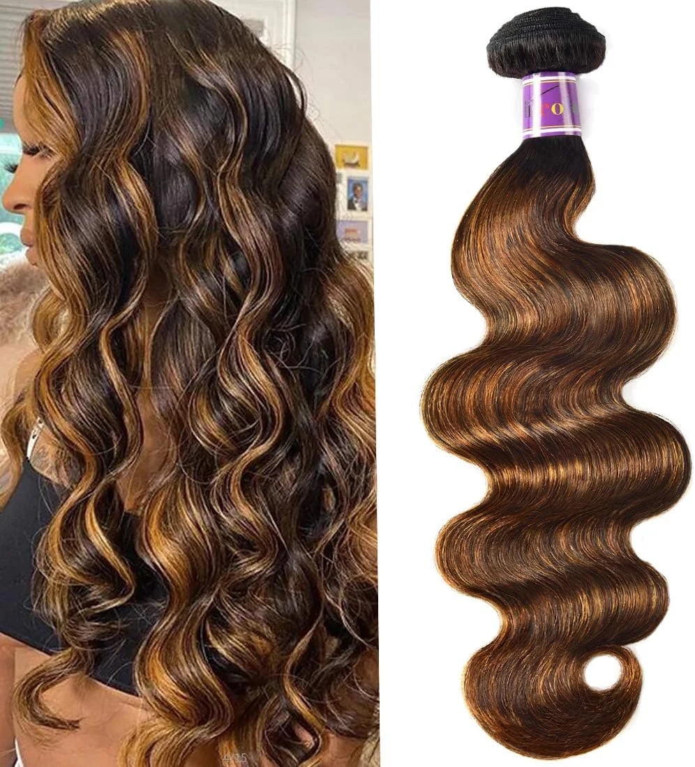 مو بافت موی انسان موج دار قهوه ای آمبر UNice، 1 بسته 20 اینچ، موی ریمی برزیلی ریشه تیره بلوند بافت موی انسان اکستنشن رنگ پیانویی TFB30