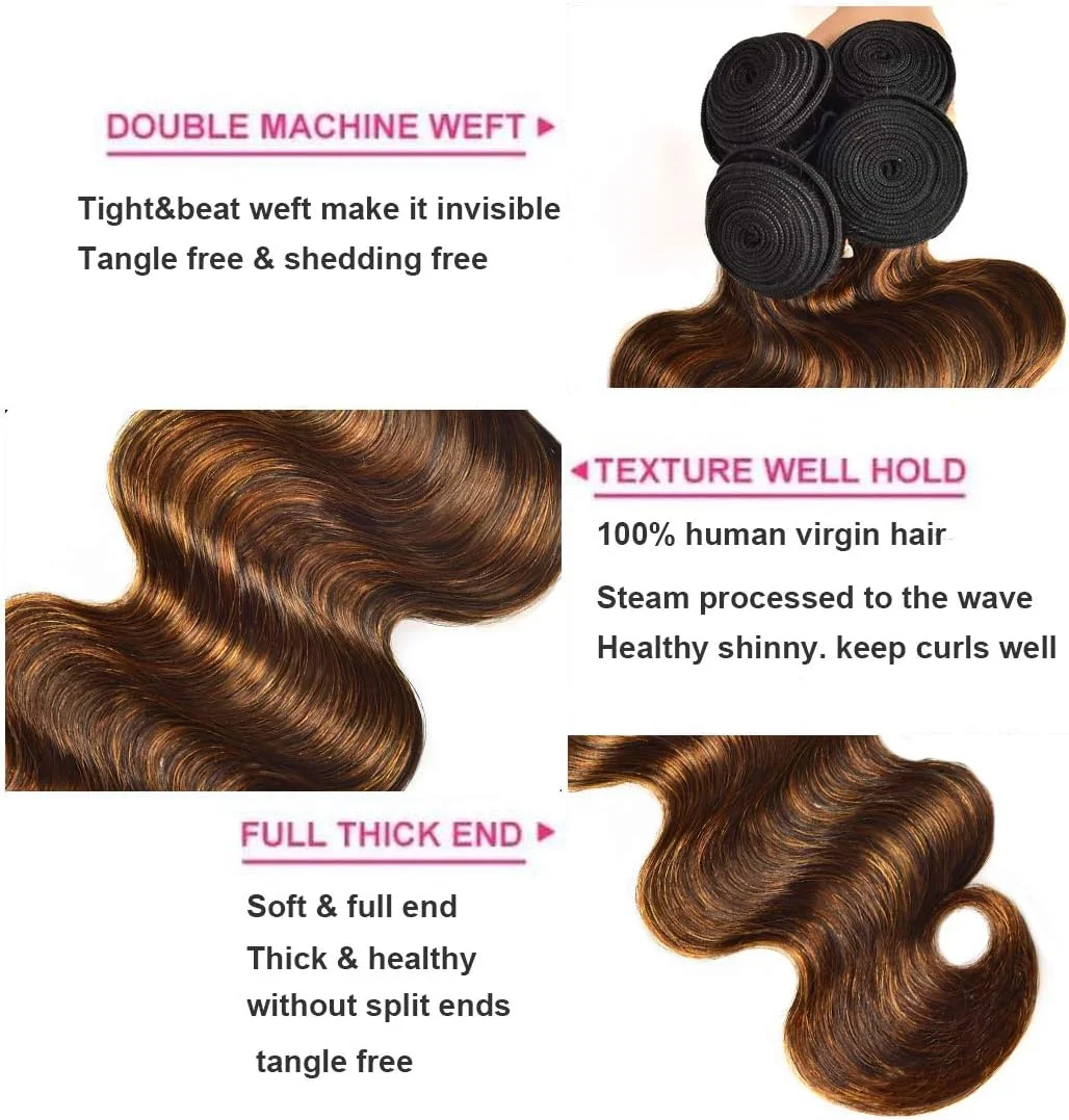 مو بافت موی انسان موج دار قهوه ای آمبر UNice، 1 بسته 20 اینچ، موی ریمی برزیلی ریشه تیره بلوند بافت موی انسان اکستنشن رنگ پیانویی TFB30