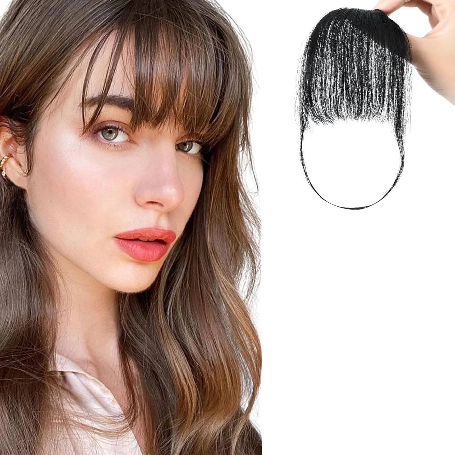 اکستنشن موی چتری کلیپسی HZYH، موی طبیعی رِمی، چتری فرانسوی جلوی سر با شقیقه، مشکی تیره