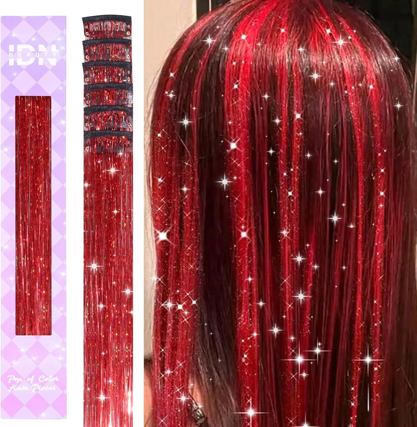 اکستنشن مو کلیپسی IDN BEAUTY، 6 عدد اکستنشن موی براق قرمز، نصب آسان و سریع برای مهمانی، استفاده روزانه، سفر و تولد، لوازم جانبی مو 60 سانتی متری برای دختران، زنان و کودکان
