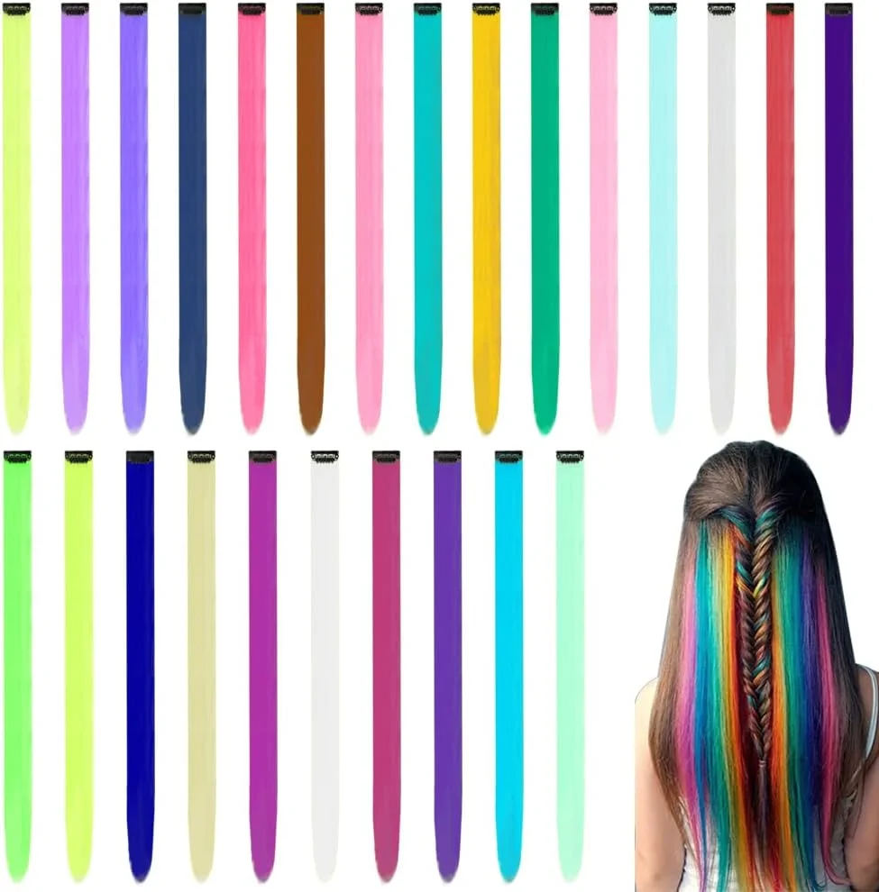 بسته 25 عددی اکستنشن موی رنگی 50 سانتی متری، تکه موهای بلند صاف برای تزئین جشن و مهمانی