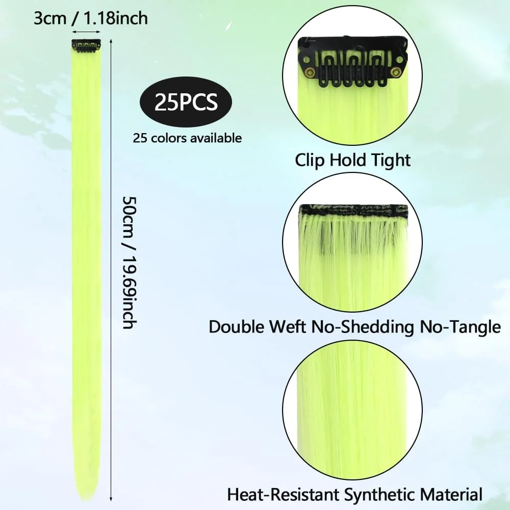 بسته 25 عددی اکستنشن موی رنگی 50 سانتی متری، تکه موهای بلند صاف برای تزئین جشن و مهمانی