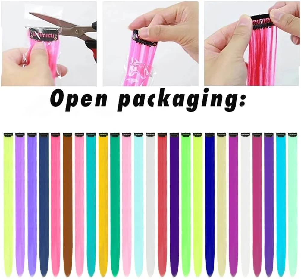 بسته 25 عددی اکستنشن موی رنگی 50 سانتی متری، تکه موهای بلند صاف برای تزئین جشن و مهمانی