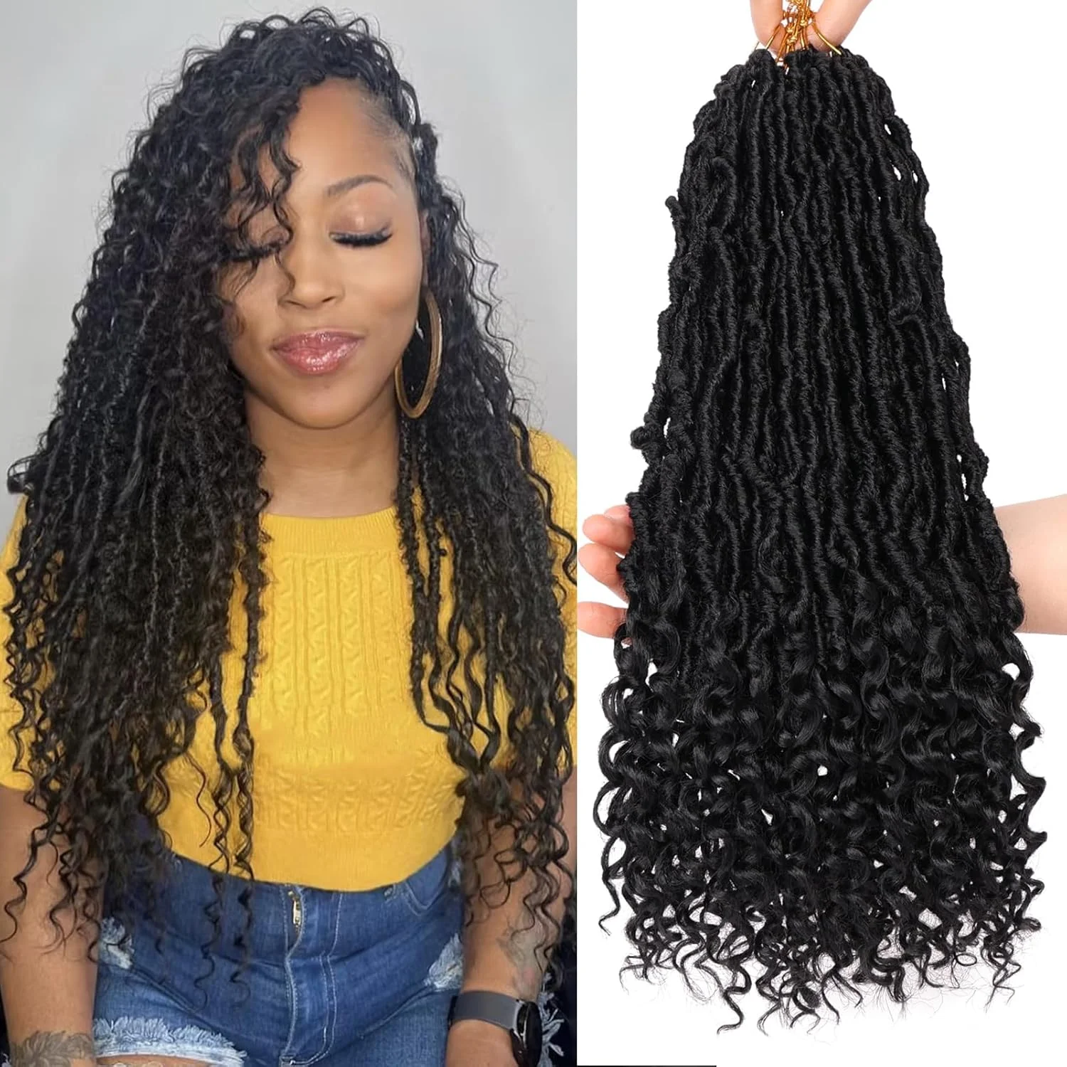 لیون 7 بسته اکستنشن موی بافت مدل Goddess Locs با انتهای فر 18 اینچ از قبل حلقه شده، 84 رشته موی بافت مشکی طبیعی مدل Bohemian Soft Locs با فر برای زنان 1B#